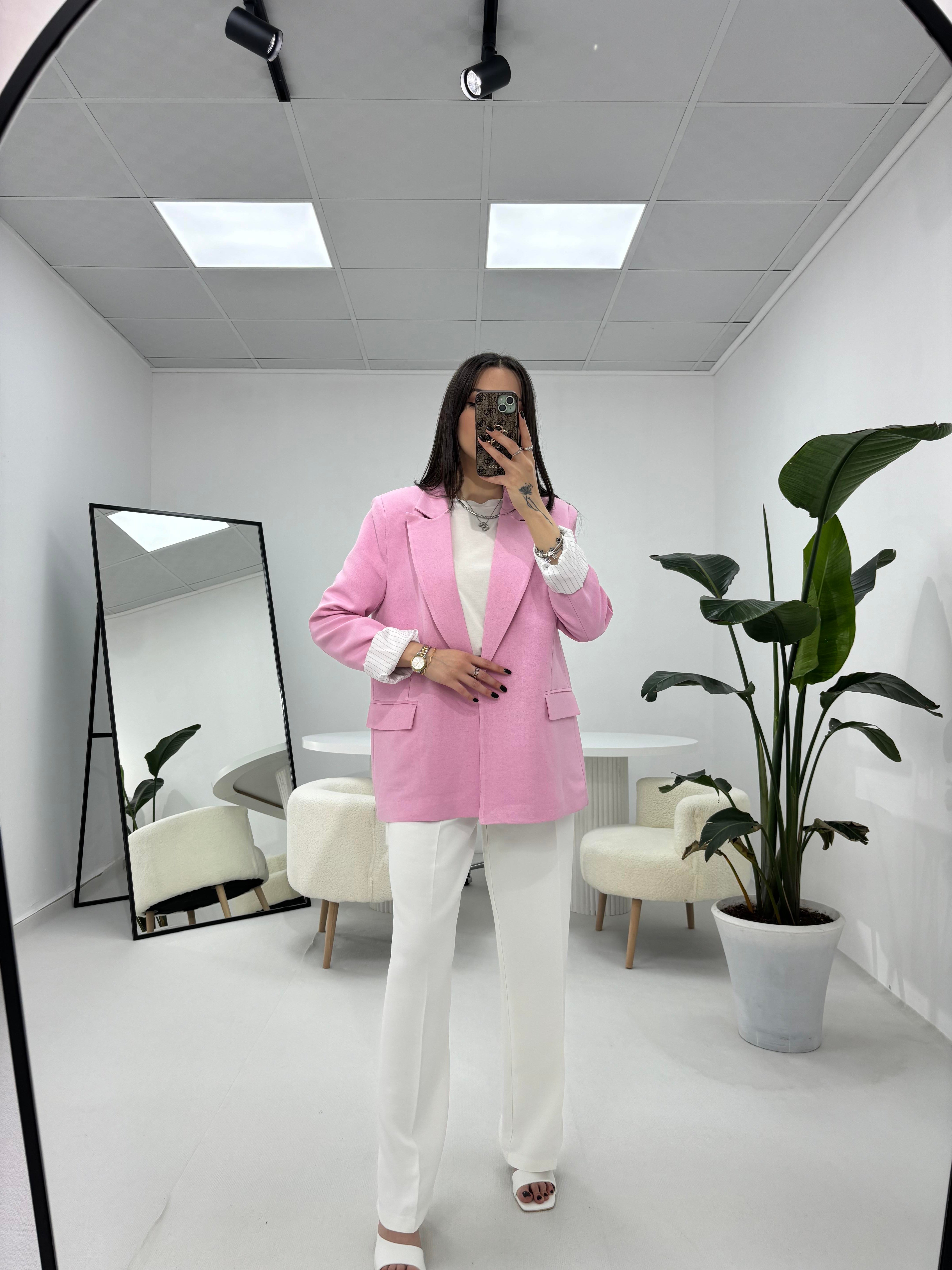 Çizgili Astarlı Pembe Ceket