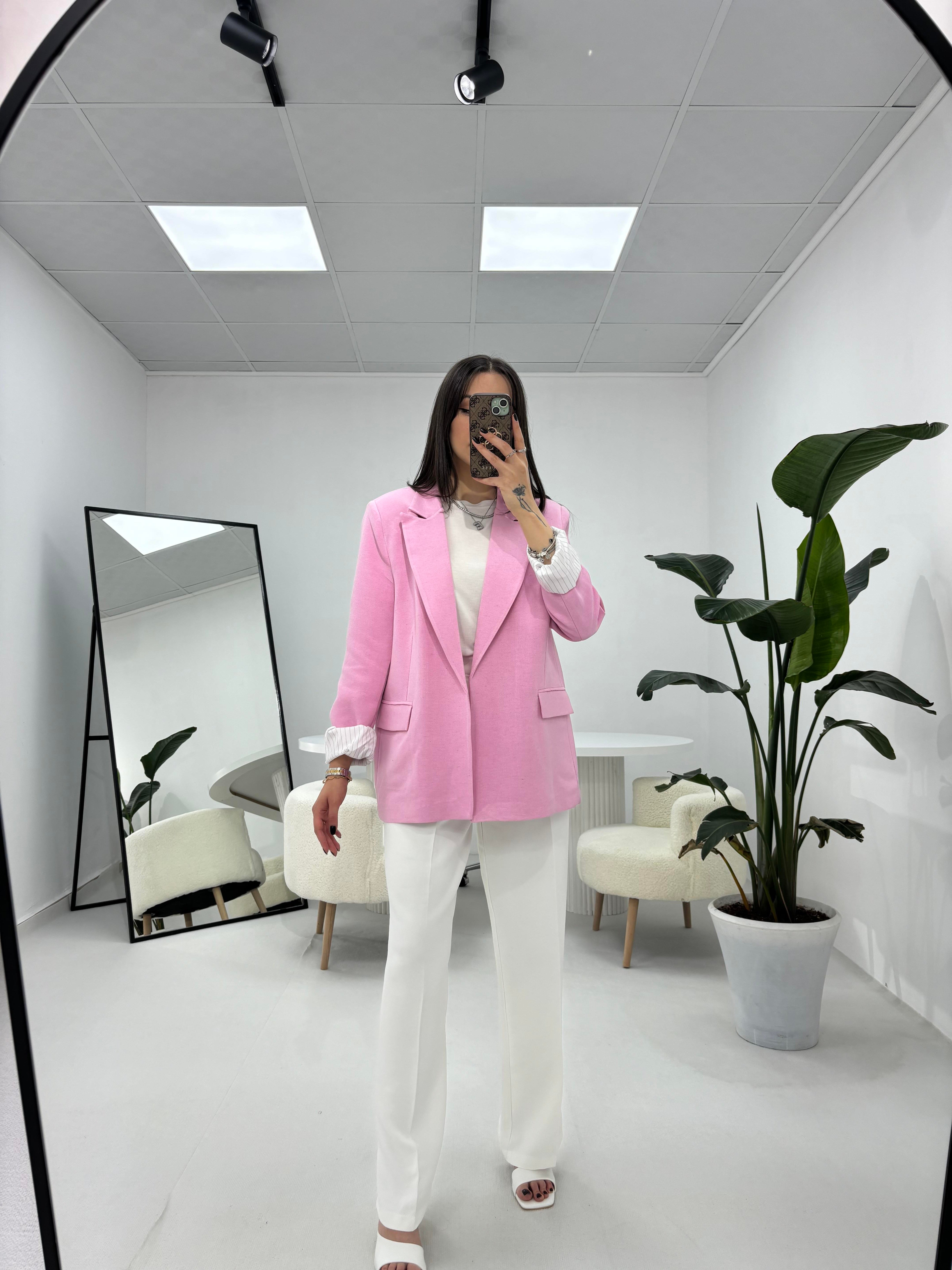 Çizgili Astarlı Pembe Ceket