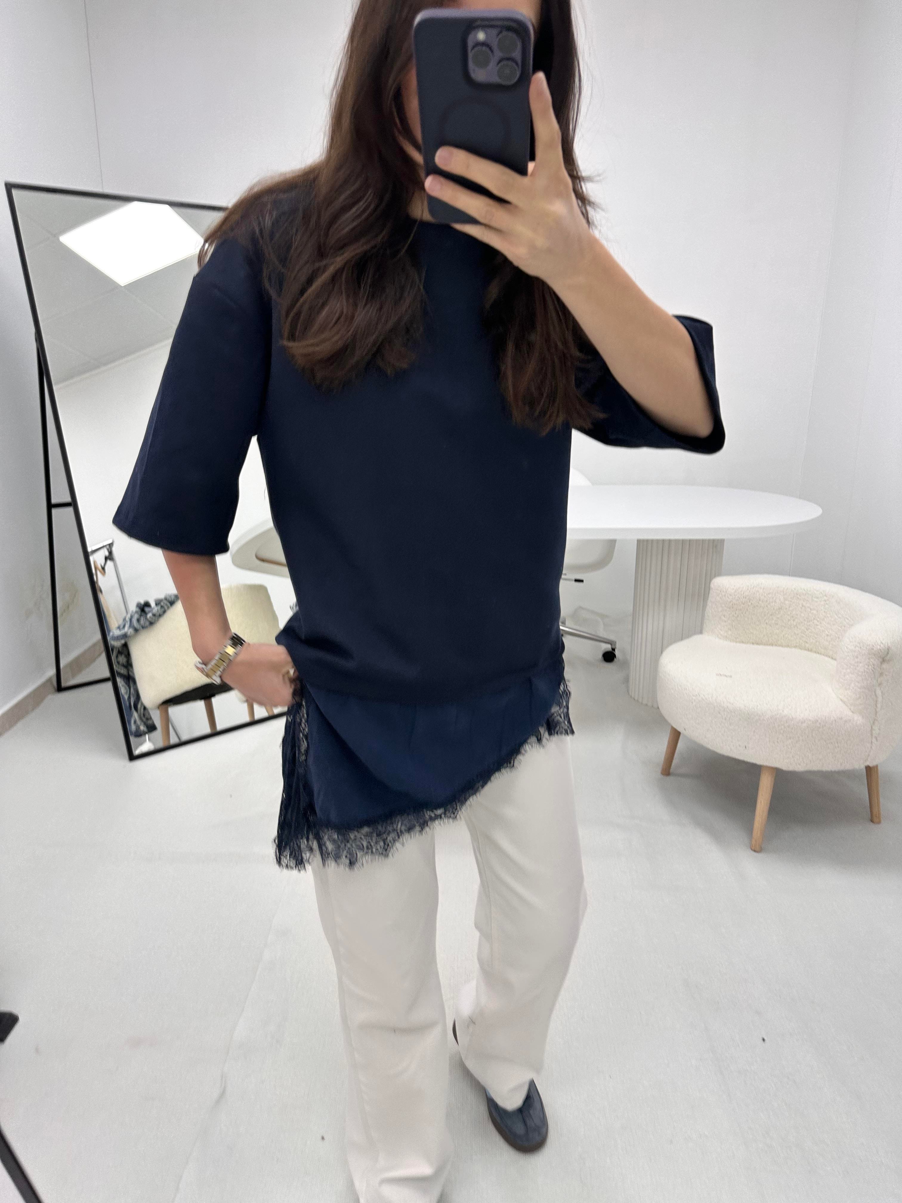 Dantel Detaylı Lacivert T-shirt