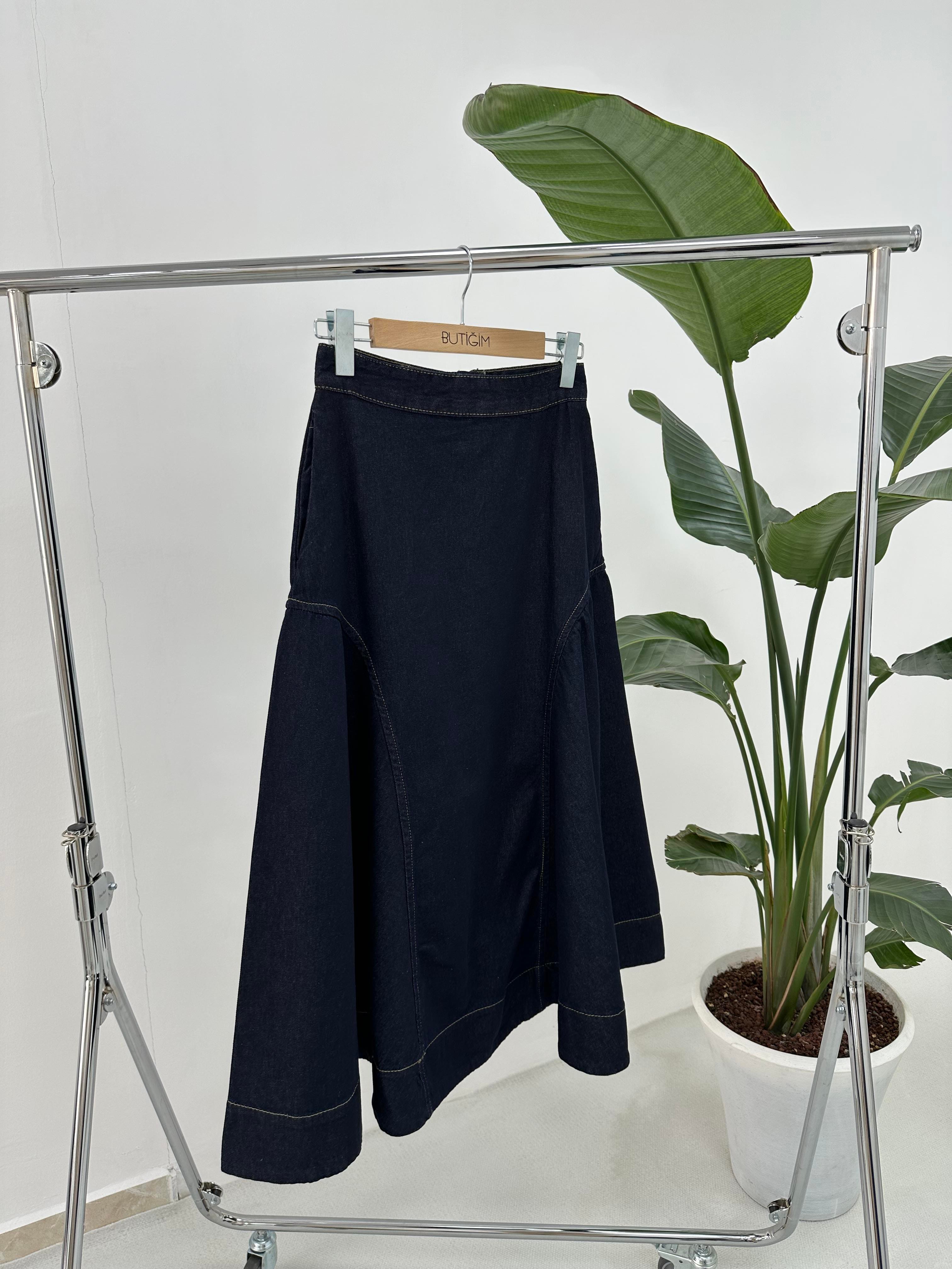 Denim Parçalı Uzun Etek