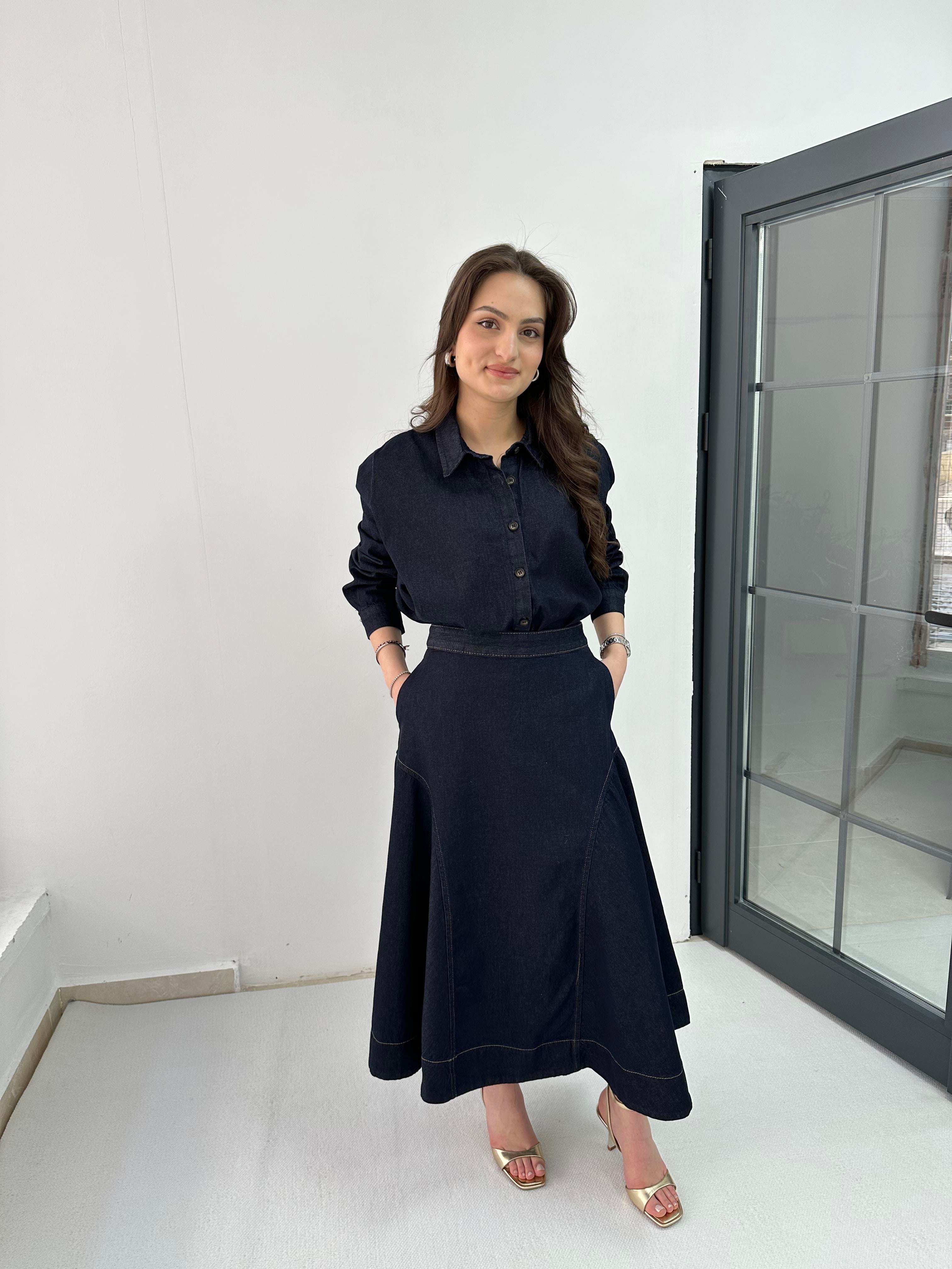 Denim Parçalı Uzun Etek