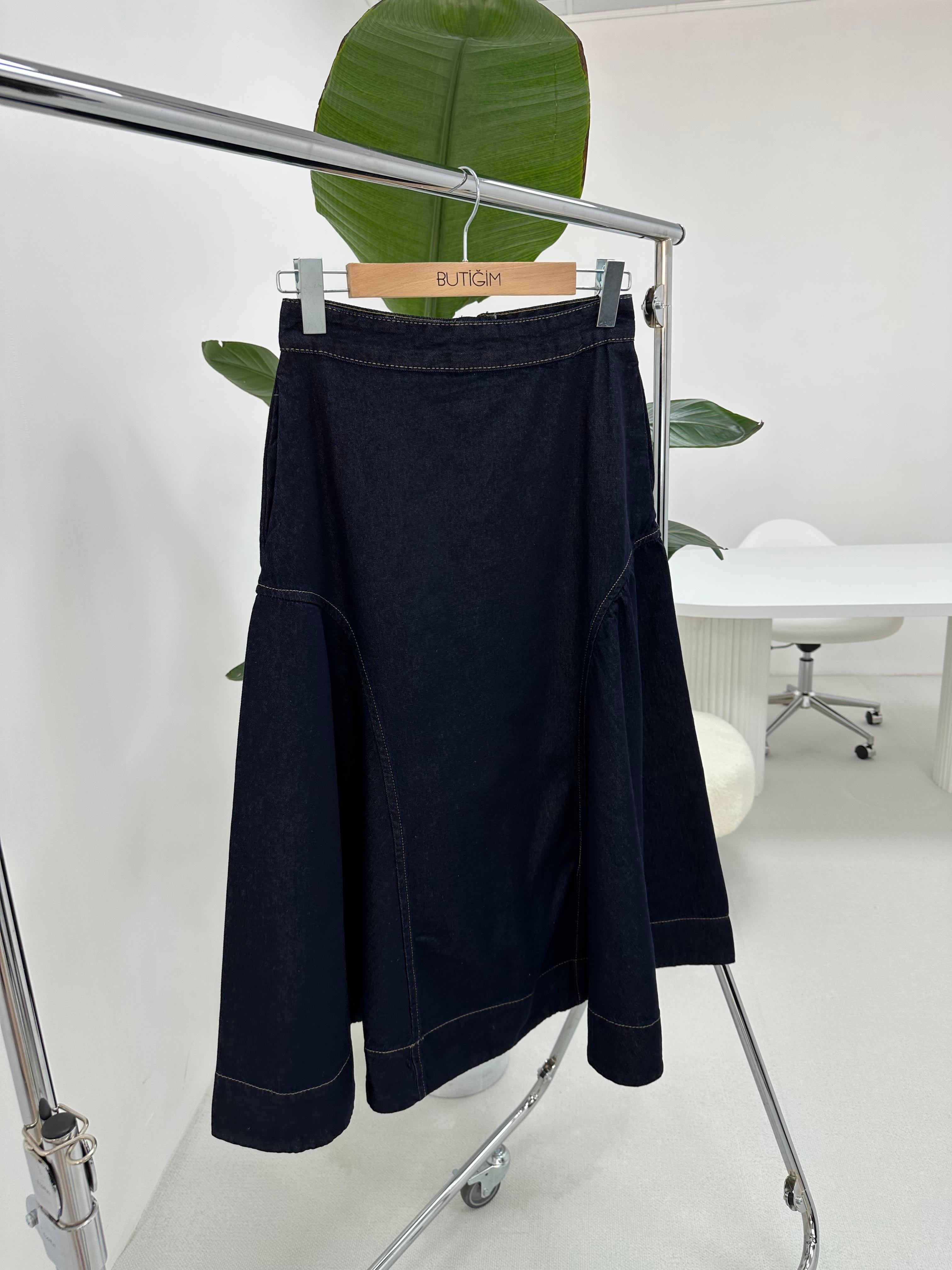 Denim Parçalı Uzun Etek