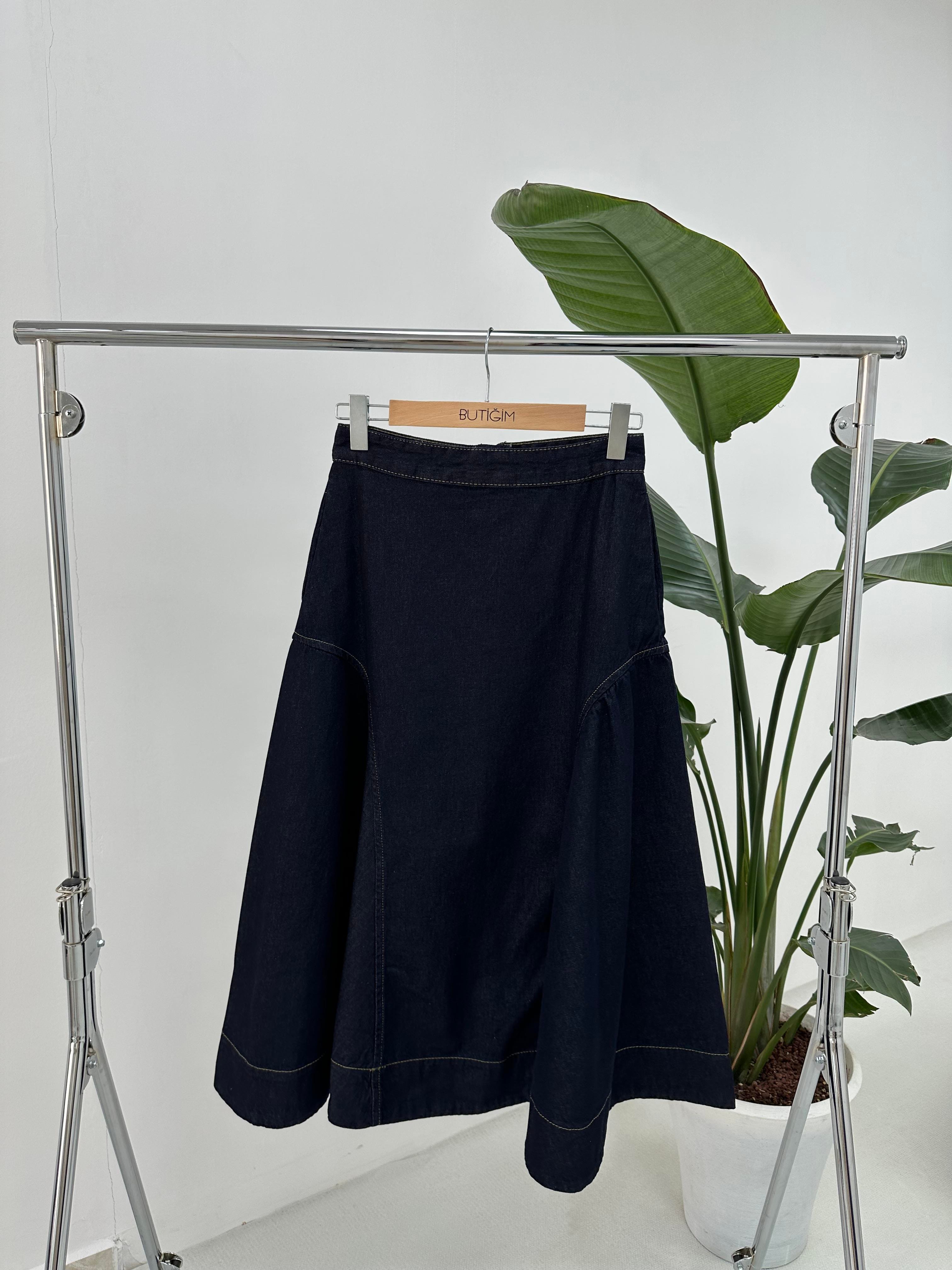 Denim Parçalı Uzun Etek