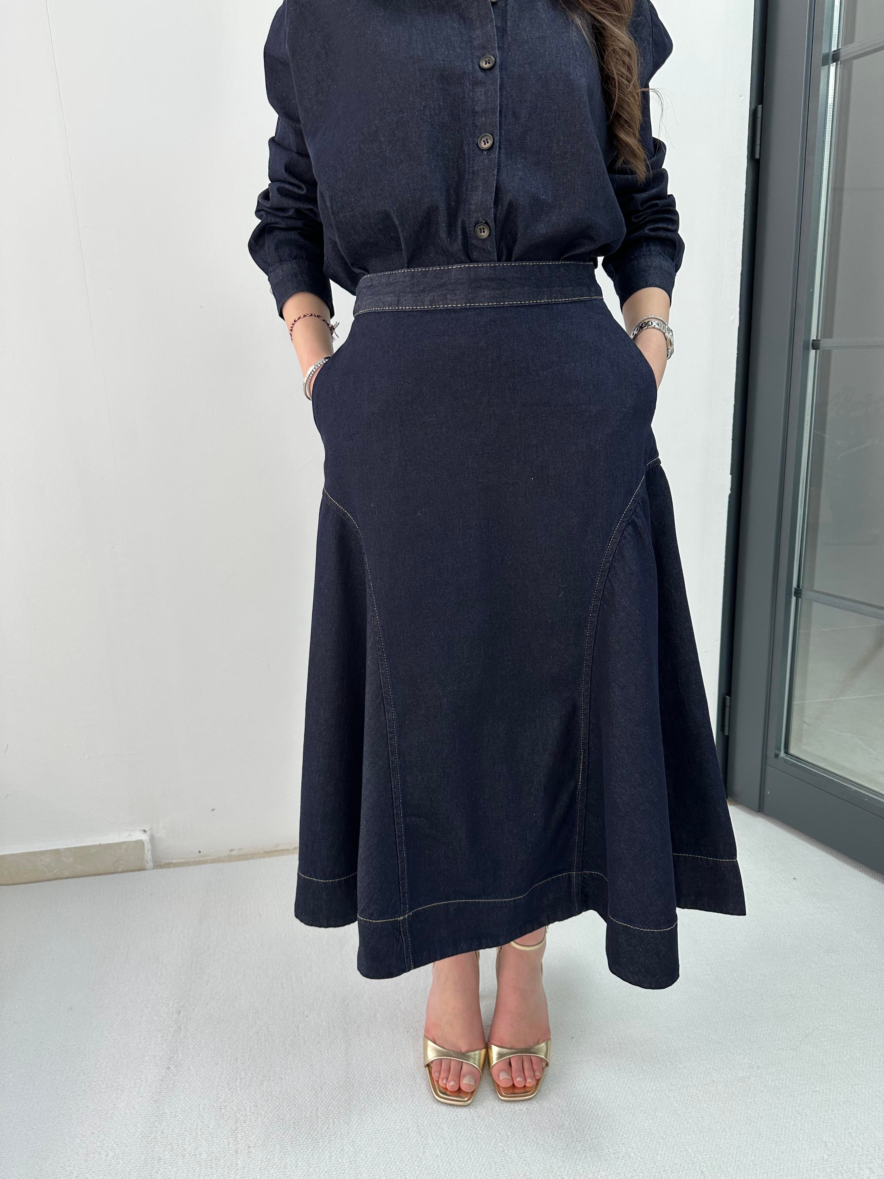 Denim Parçalı Uzun Etek