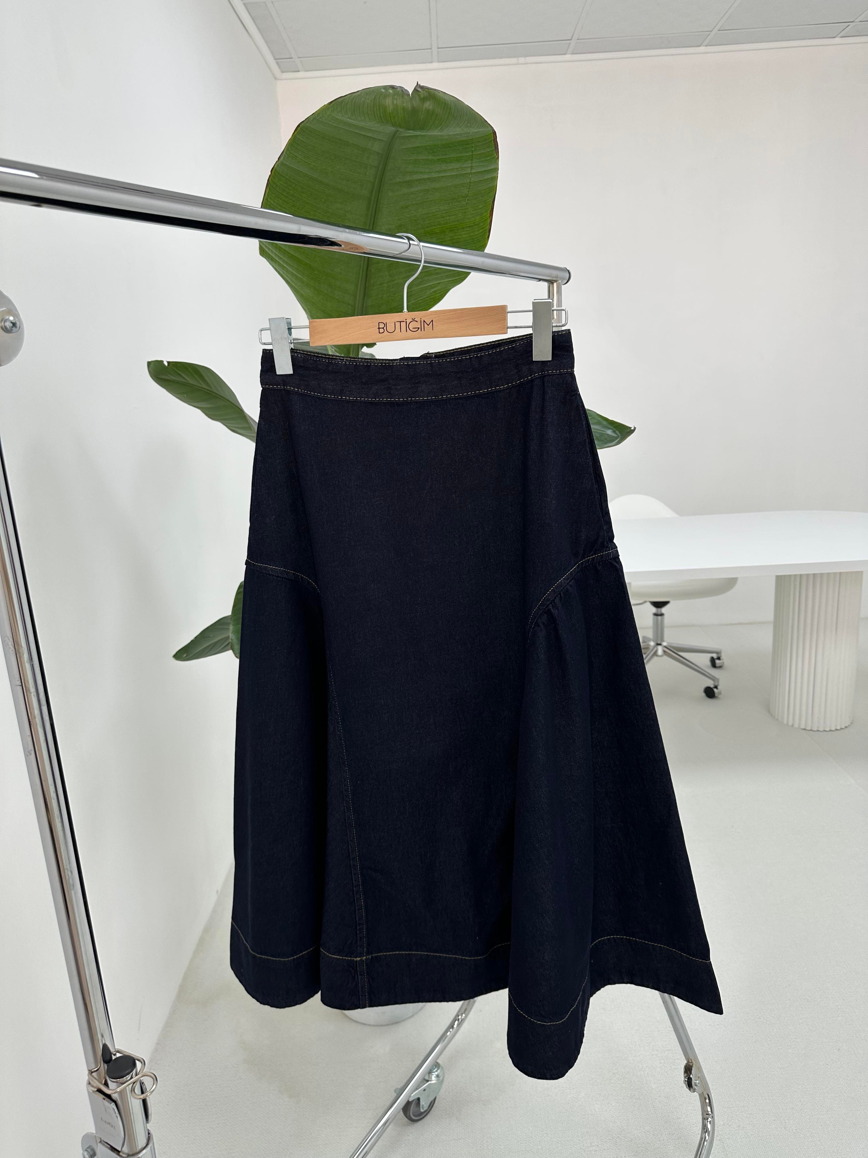 Denim Parçalı Uzun Etek
