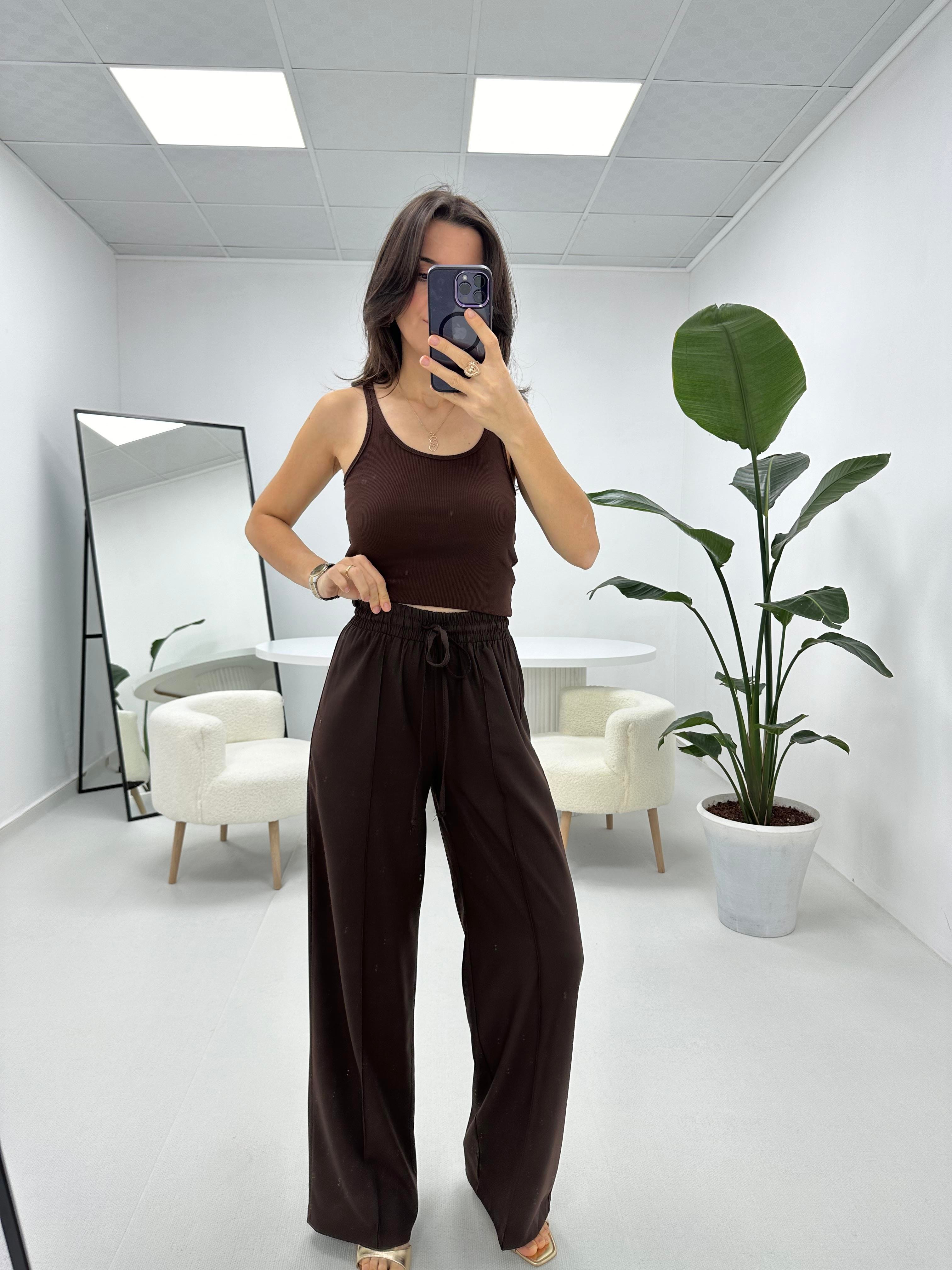 Dikiş detaylı Beli Lastikli Acı Kahve Pantolon 