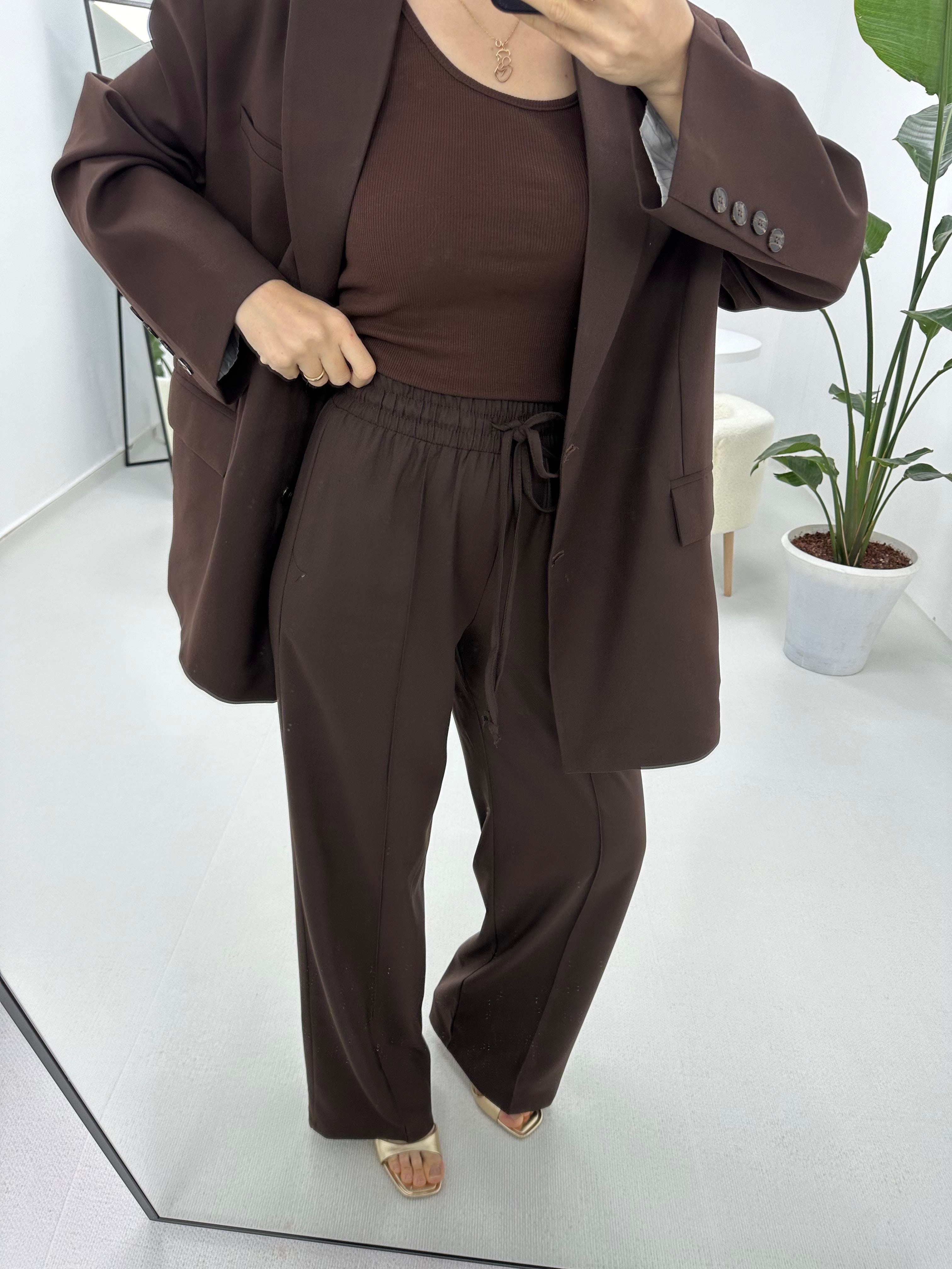 Dikiş detaylı Beli Lastikli Acı Kahve Pantolon 
