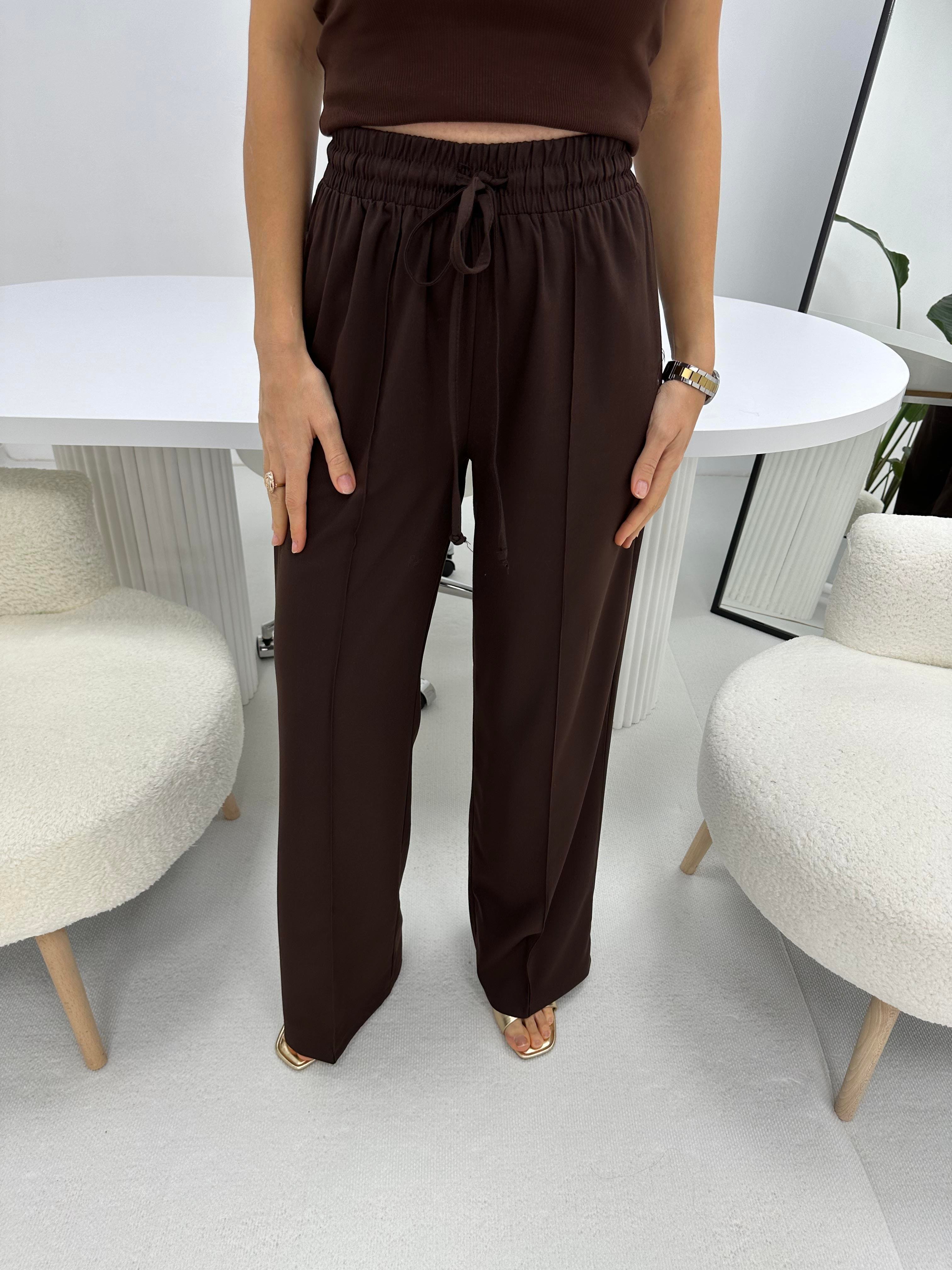 Dikiş detaylı Beli Lastikli Acı Kahve Pantolon 