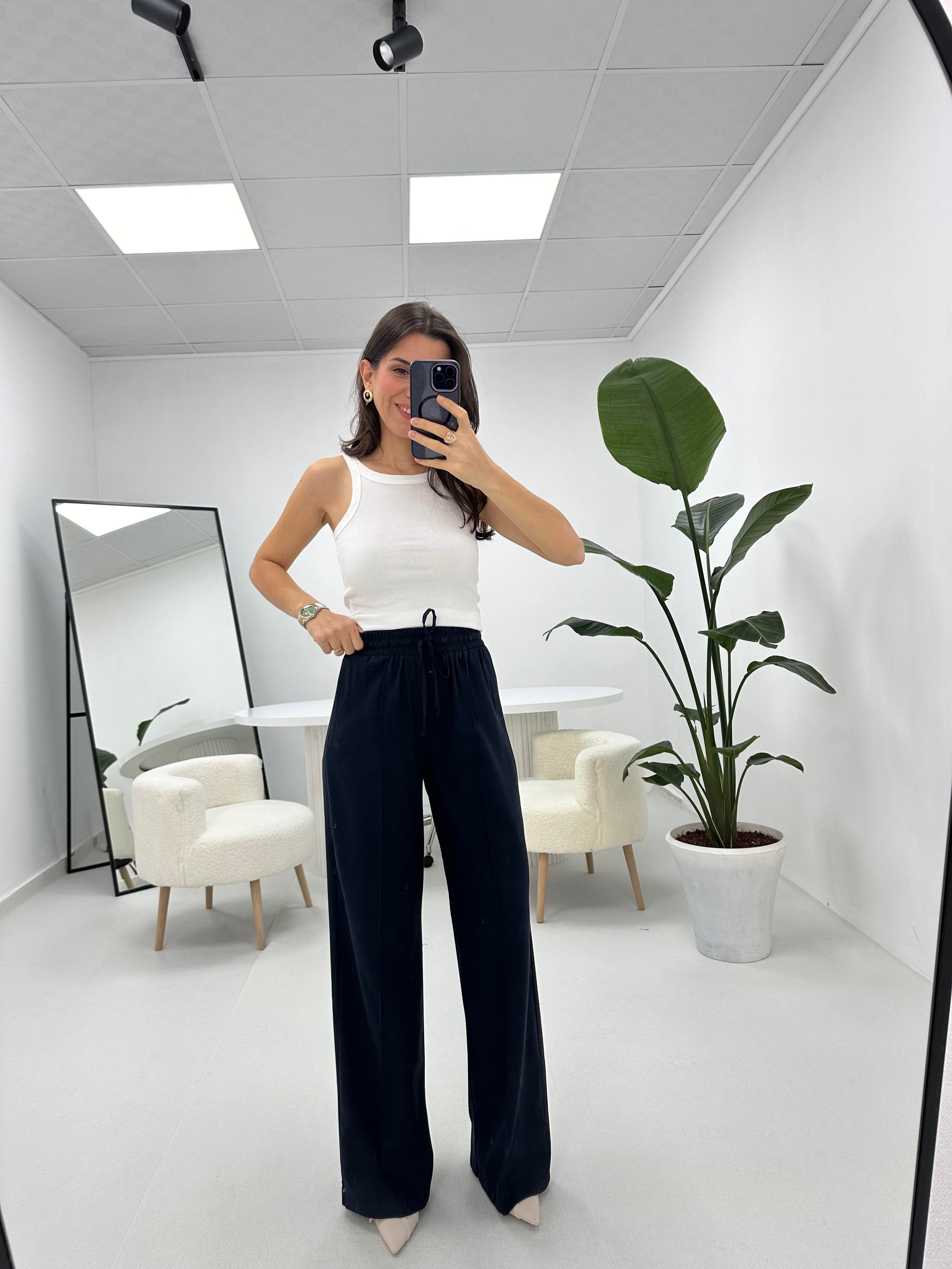 Dikiş detaylı Beli Lastikli Lacivert Pantolon 