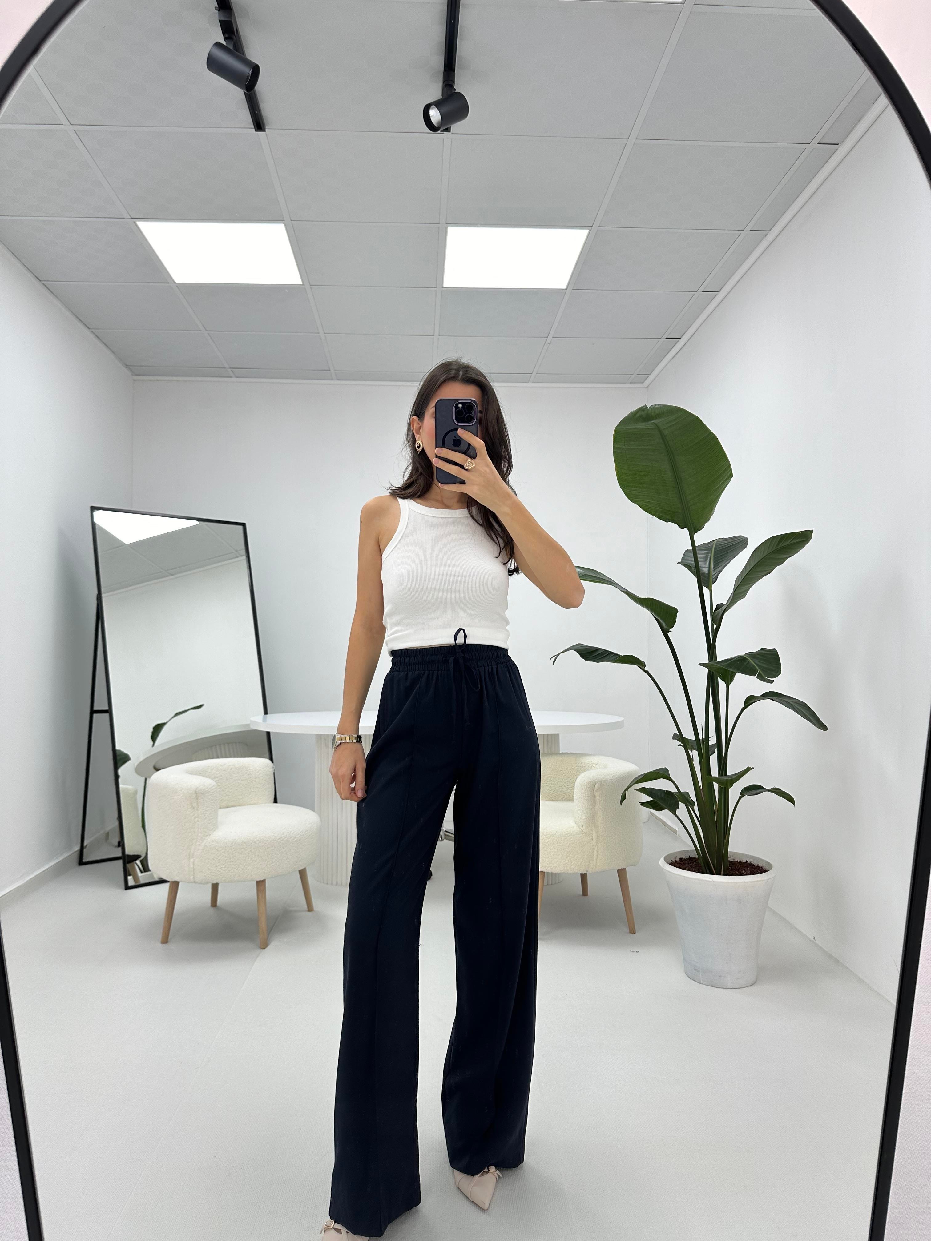 Dikiş detaylı Beli Lastikli Lacivert Pantolon 