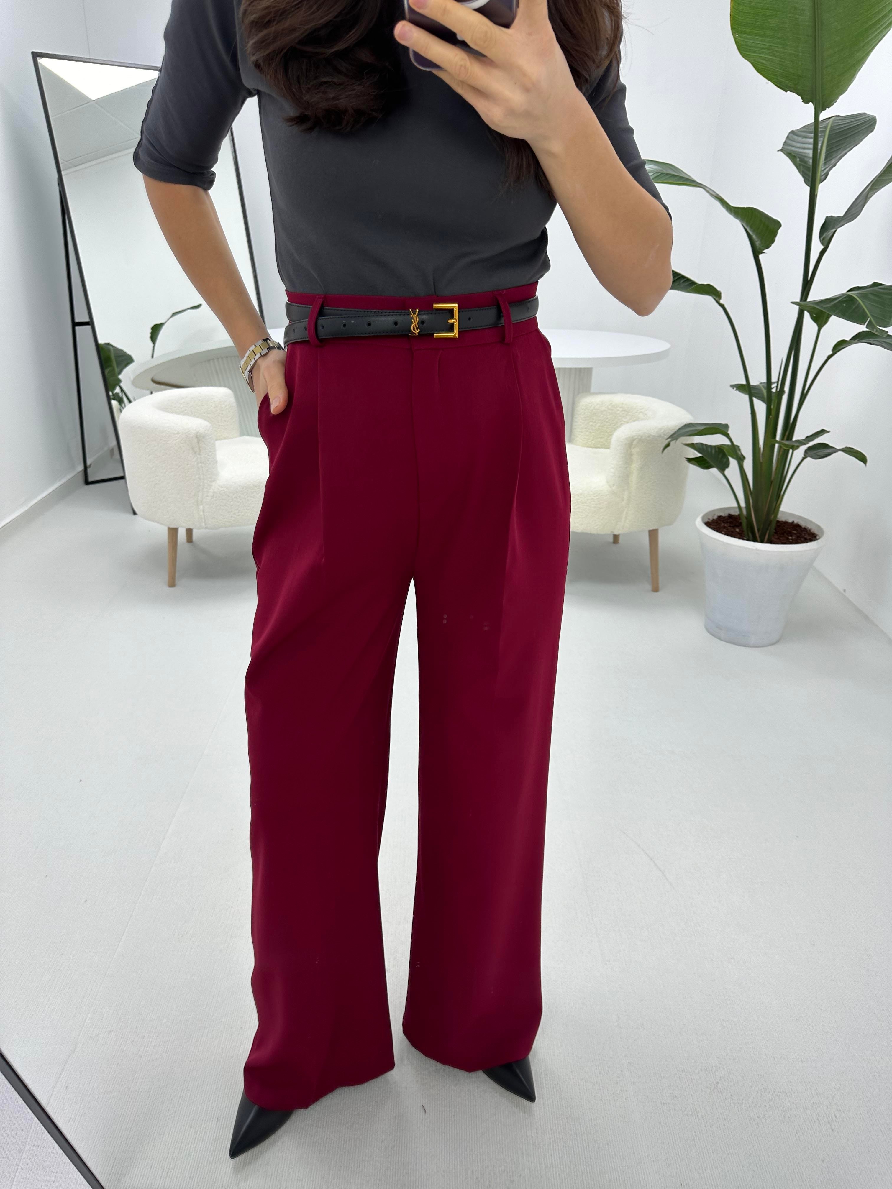 Double Kumaş Yüksek Bel Bordo Palazzo 