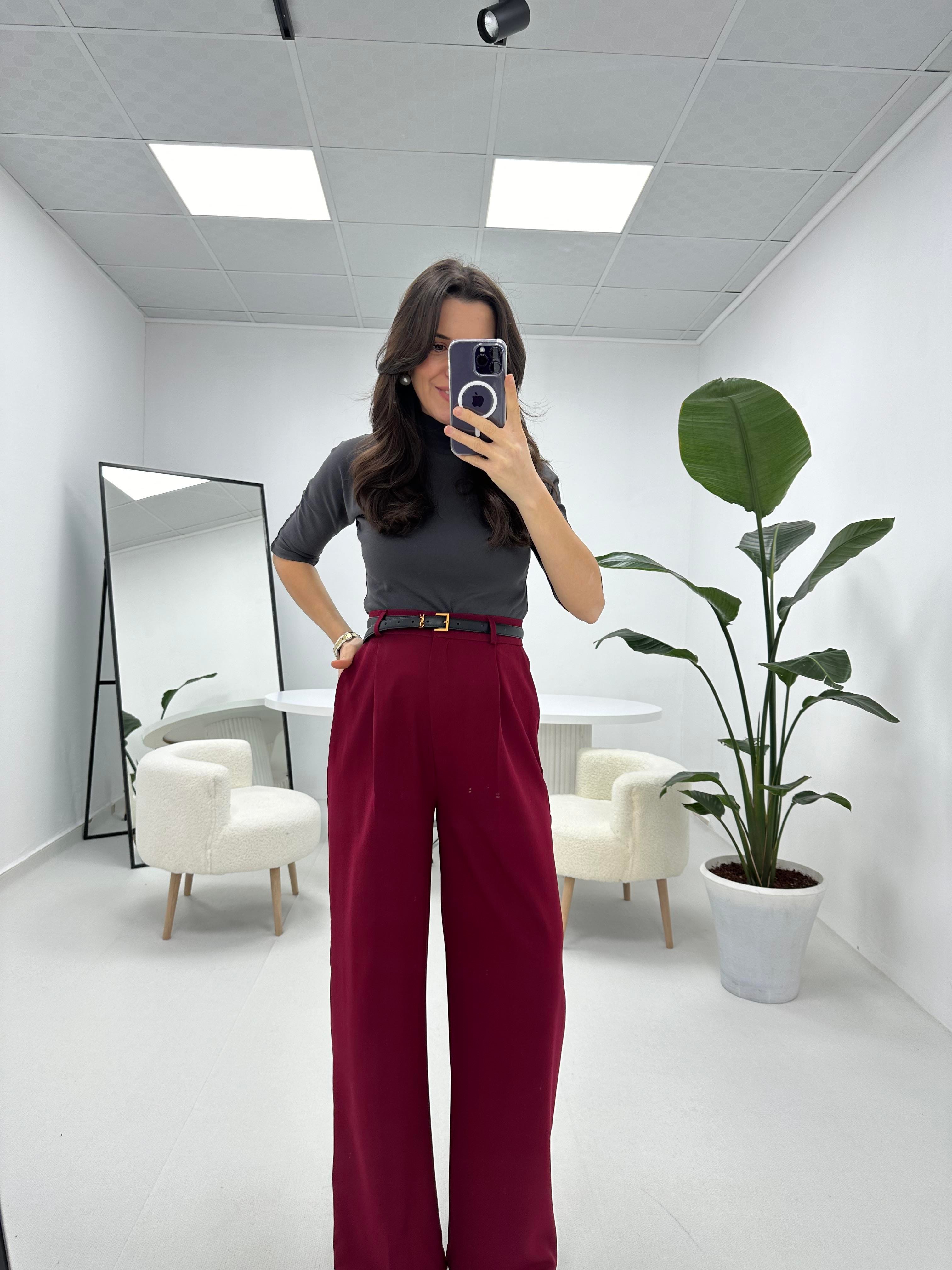 Double Kumaş Yüksek Bel Bordo Palazzo 