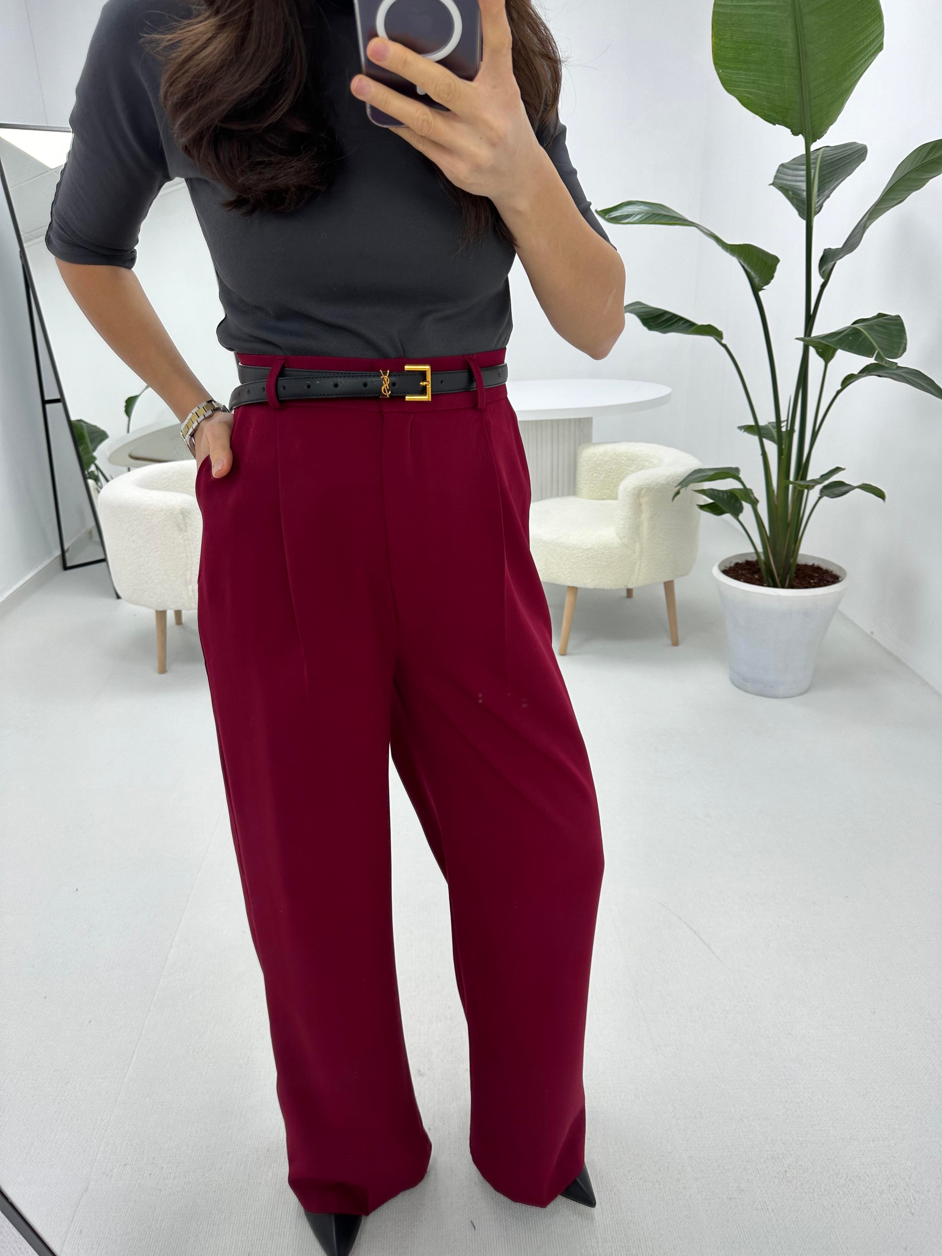 Double Kumaş Yüksek Bel Bordo Palazzo 