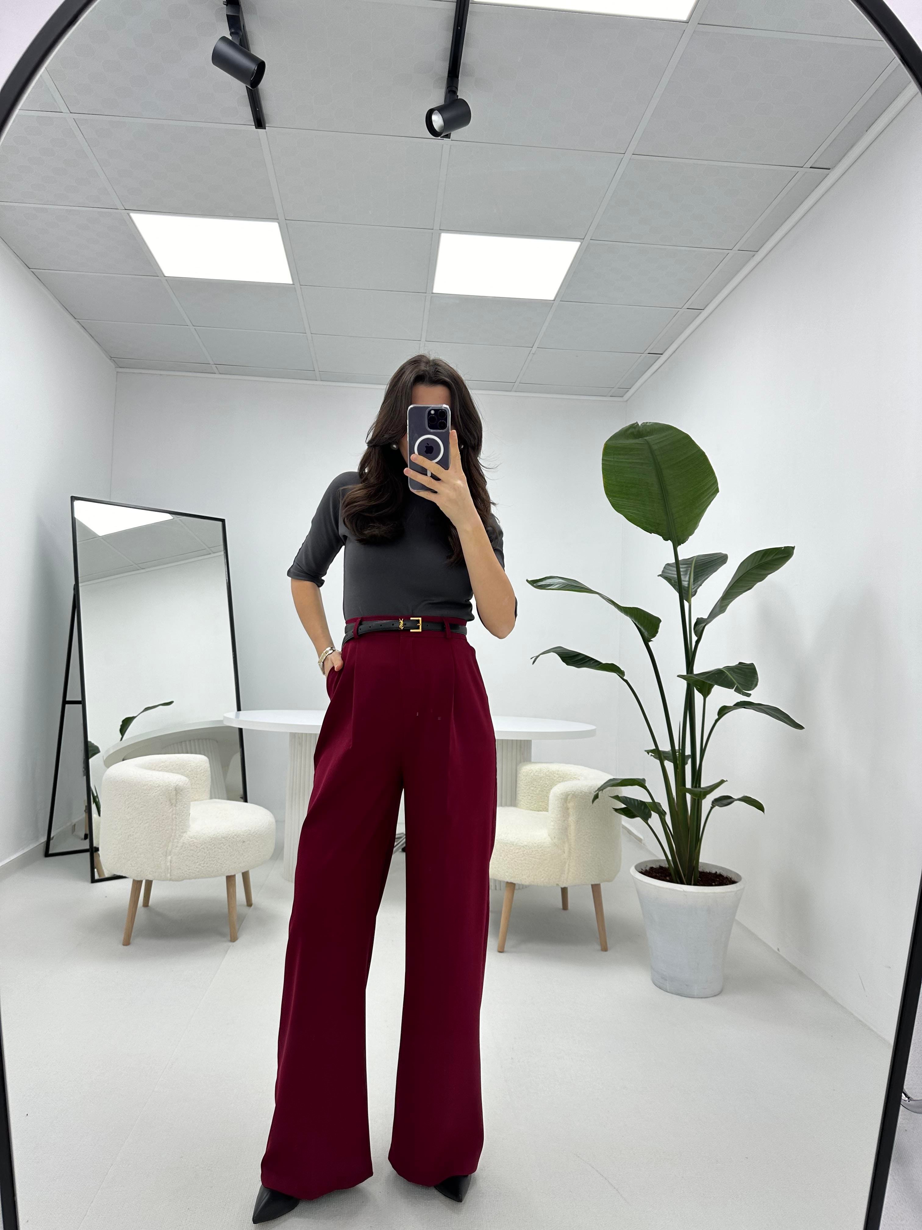 Double Kumaş Yüksek Bel Bordo Palazzo 