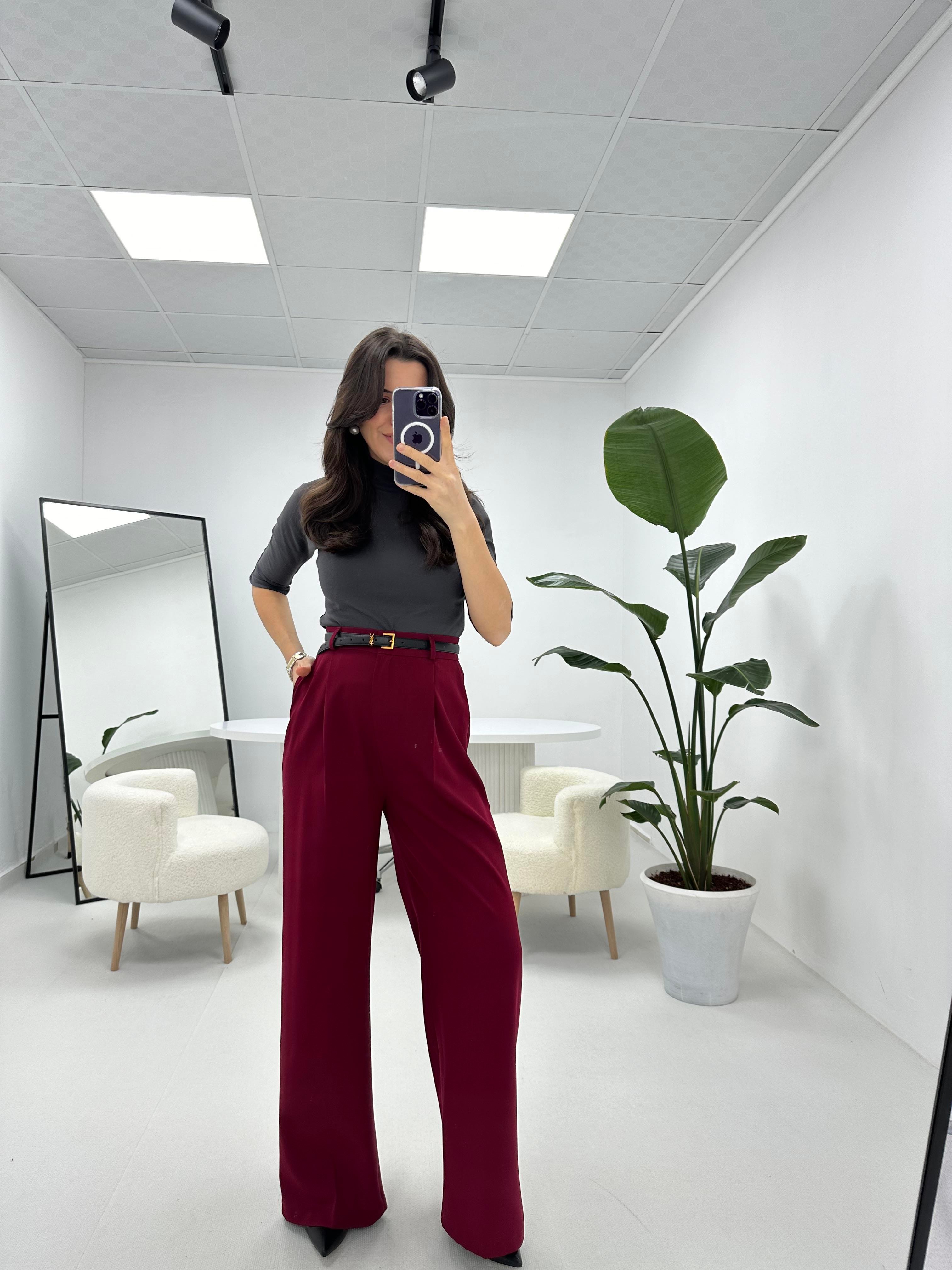 Double Kumaş Yüksek Bel Bordo Palazzo 