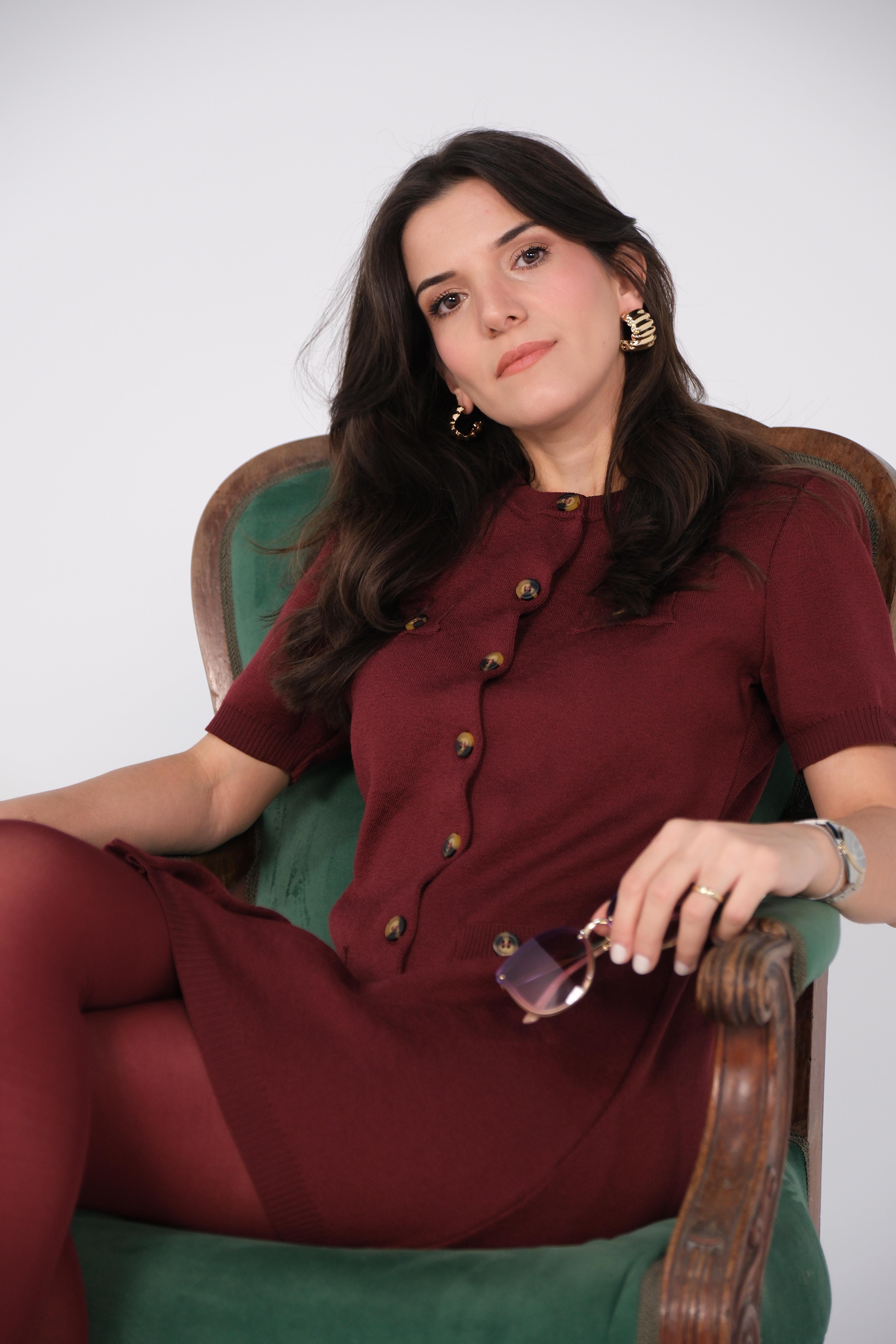 Düğme Detaylı Bordo Triko Elbise
