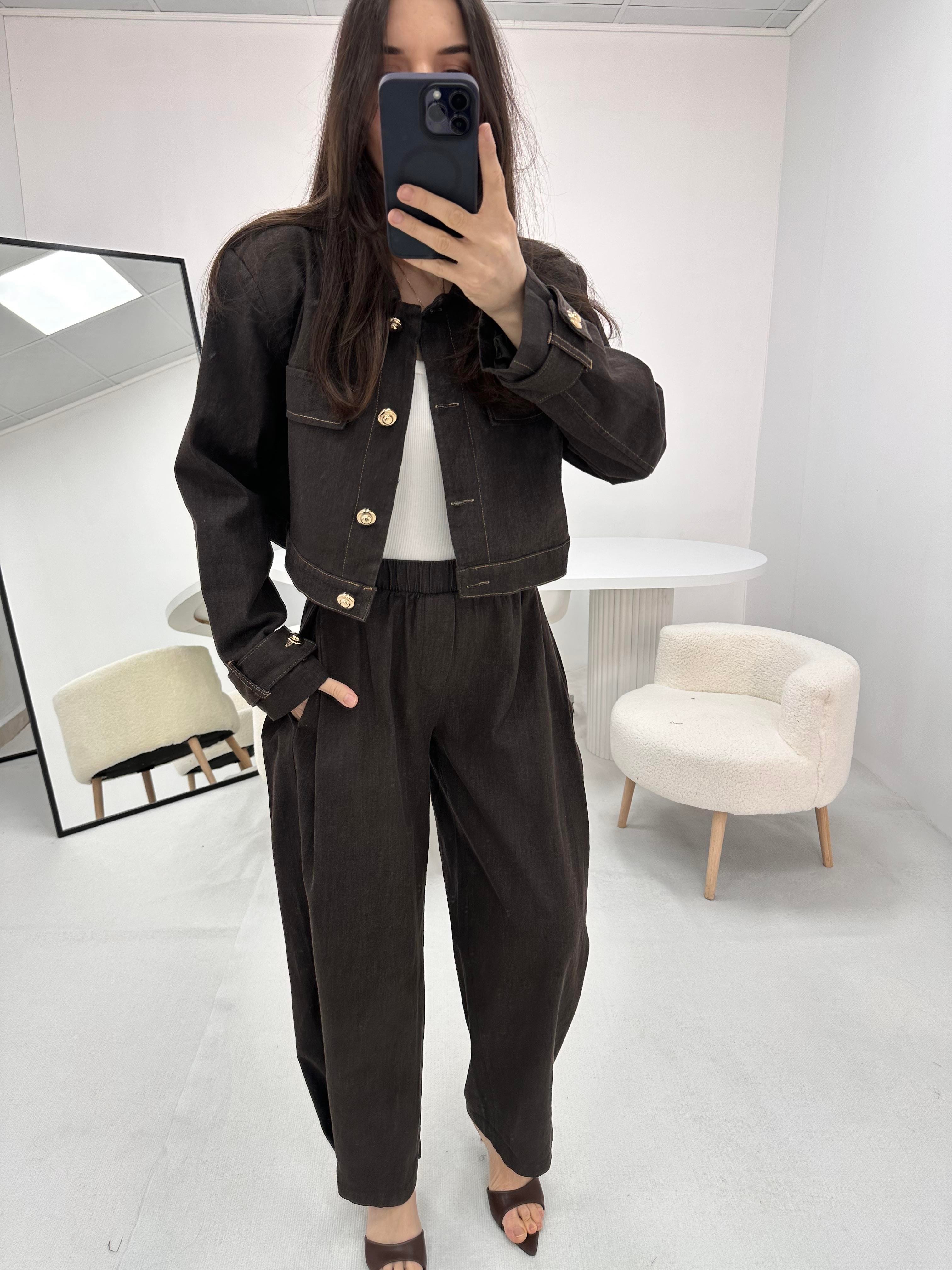 Düğme Detaylı Kahverengi  Kot Denim Ceket Pantolon Takım  