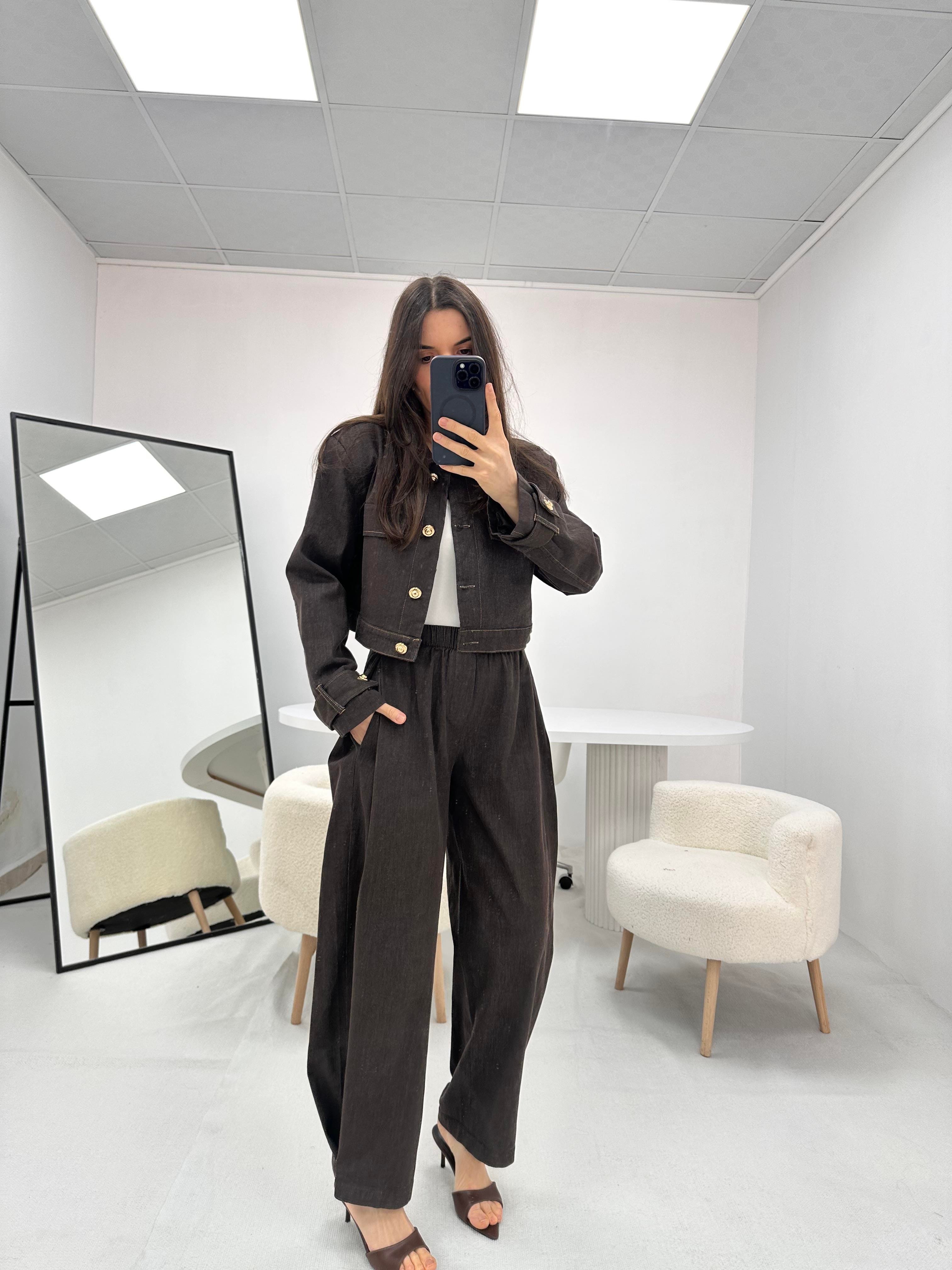 Düğme Detaylı Kahverengi  Kot Denim Ceket Pantolon Takım  
