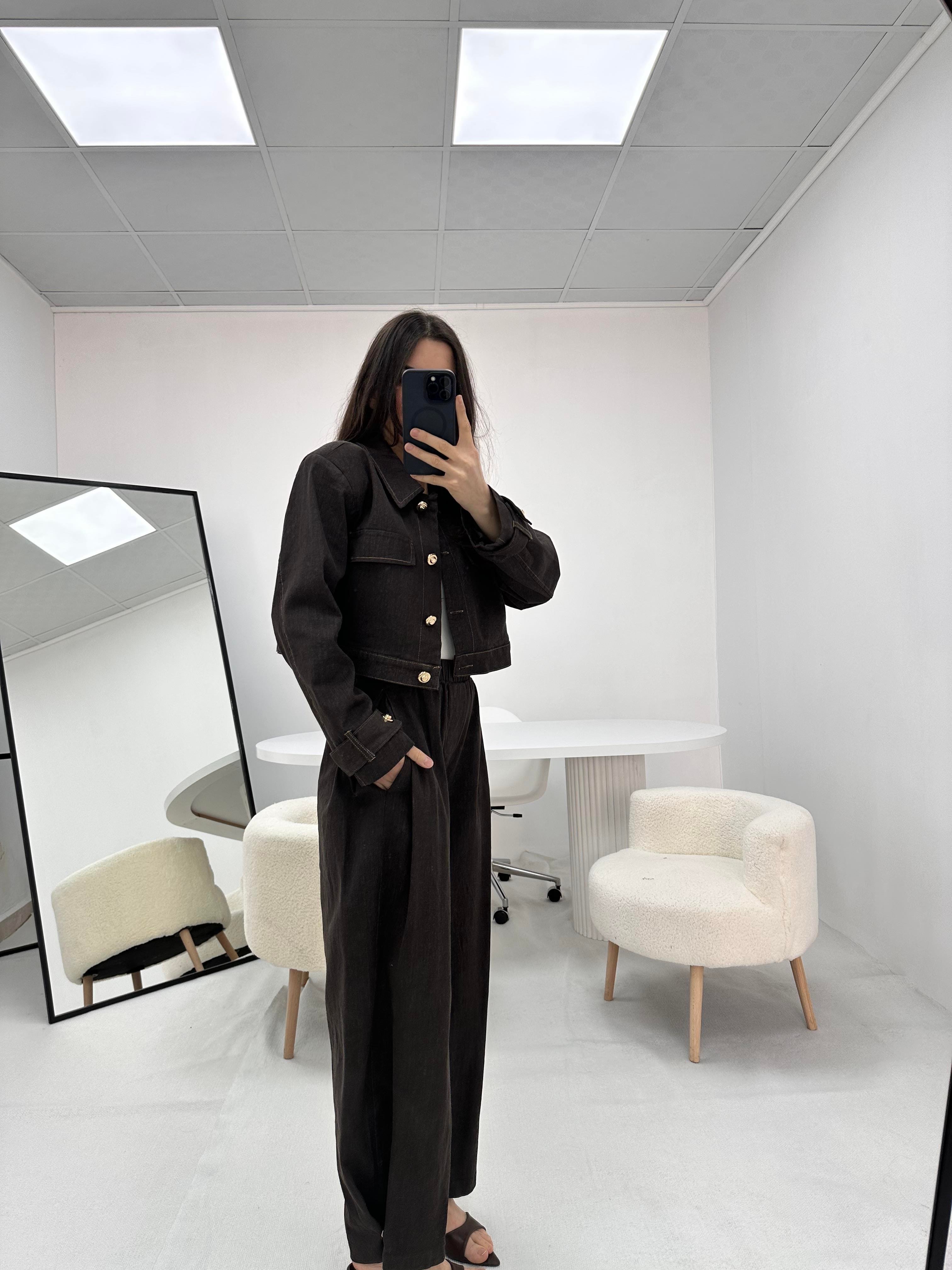 Düğme Detaylı Kahverengi  Kot Denim Ceket Pantolon Takım  