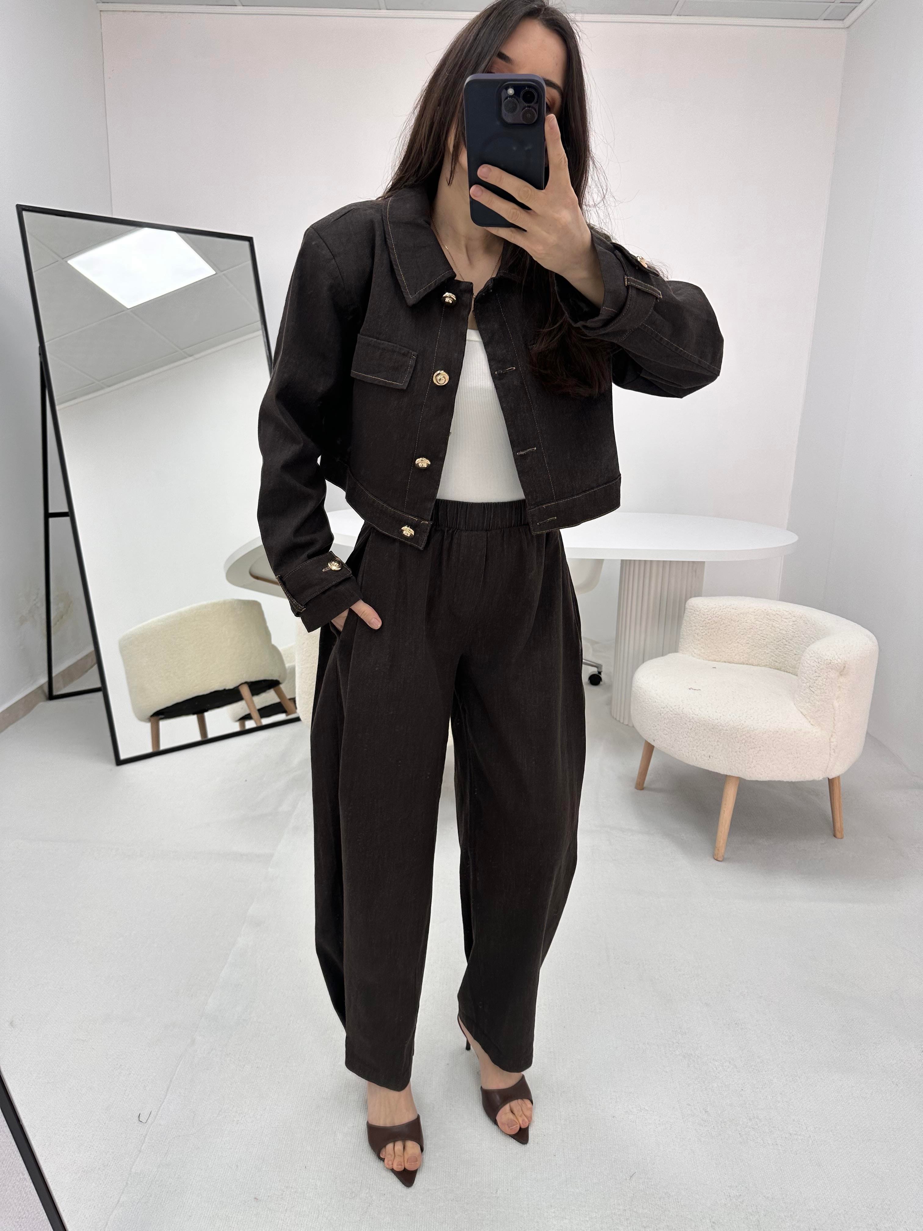 Düğme Detaylı Kahverengi  Kot Denim Ceket Pantolon Takım  