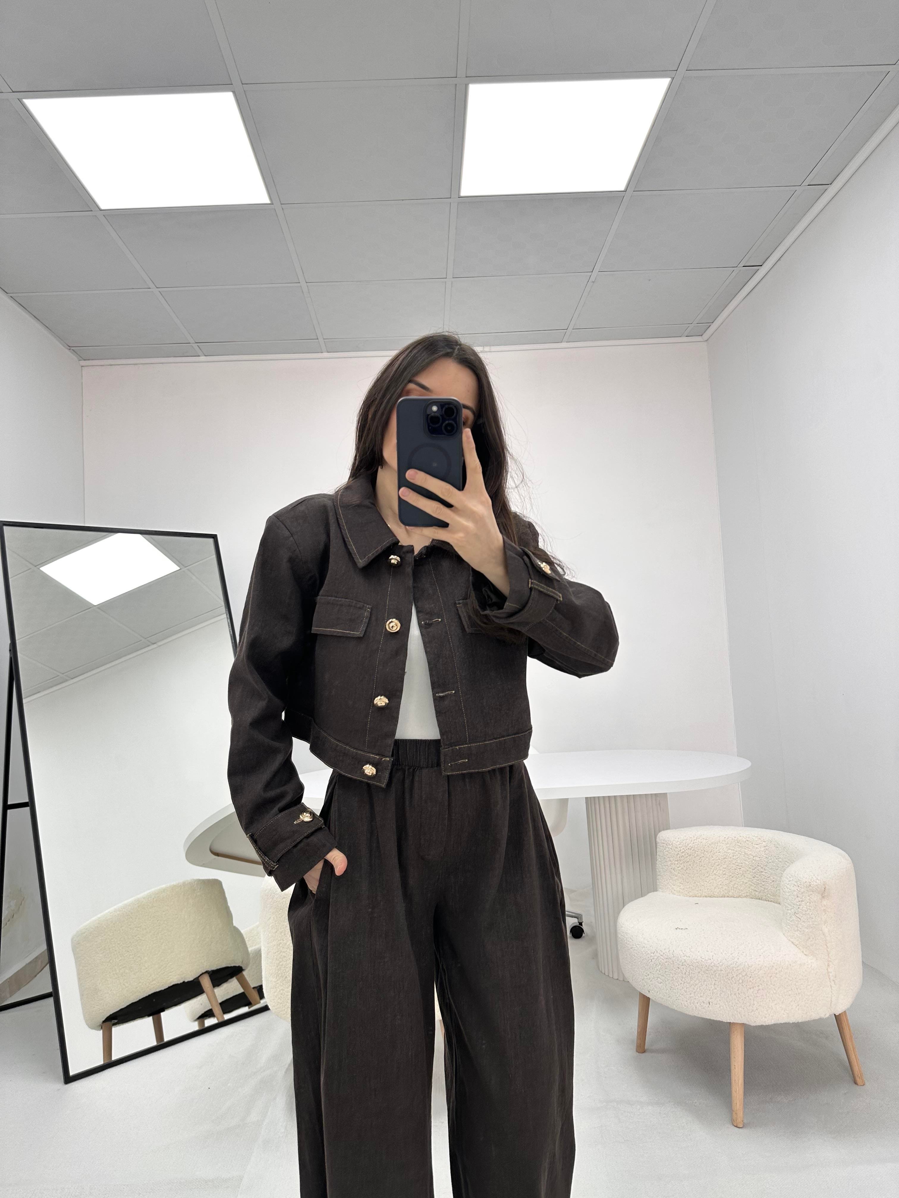Düğme Detaylı Kahverengi  Kot Denim Ceket Pantolon Takım  