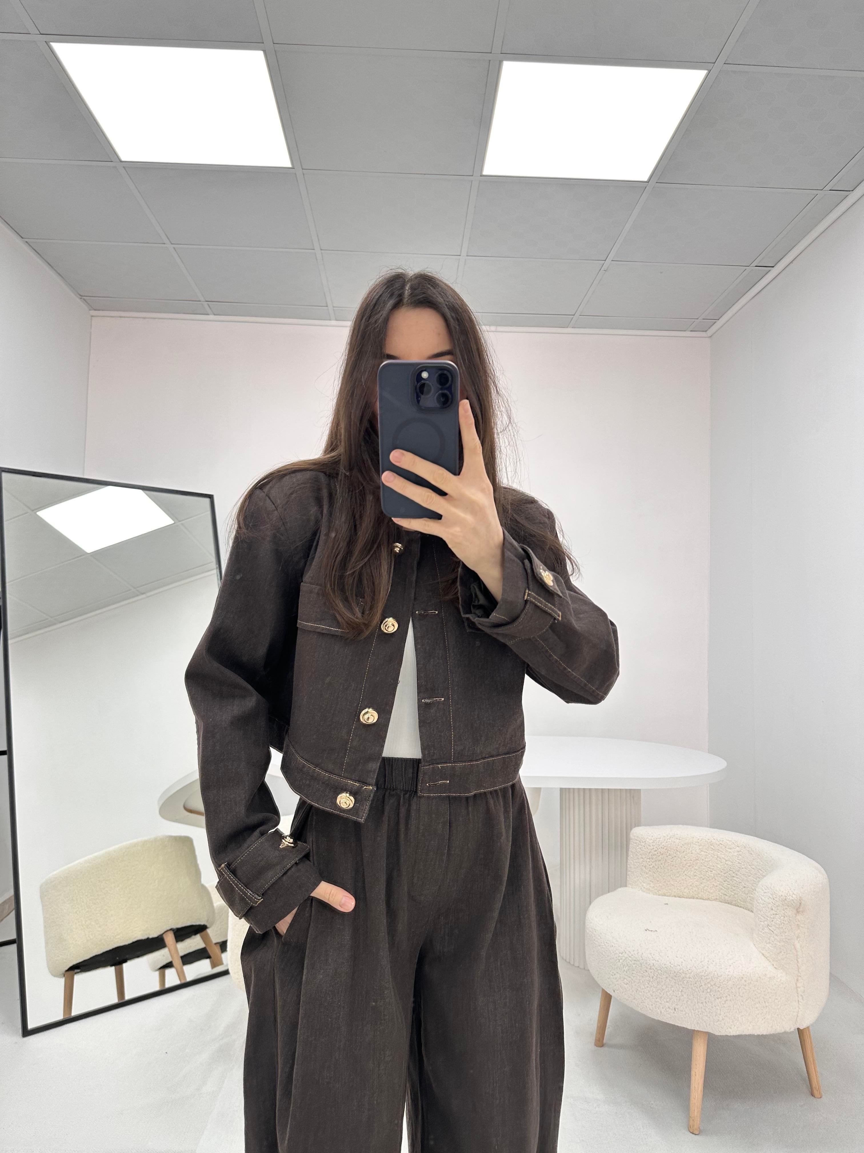 Düğme Detaylı Kahverengi  Kot Denim Ceket Pantolon Takım  