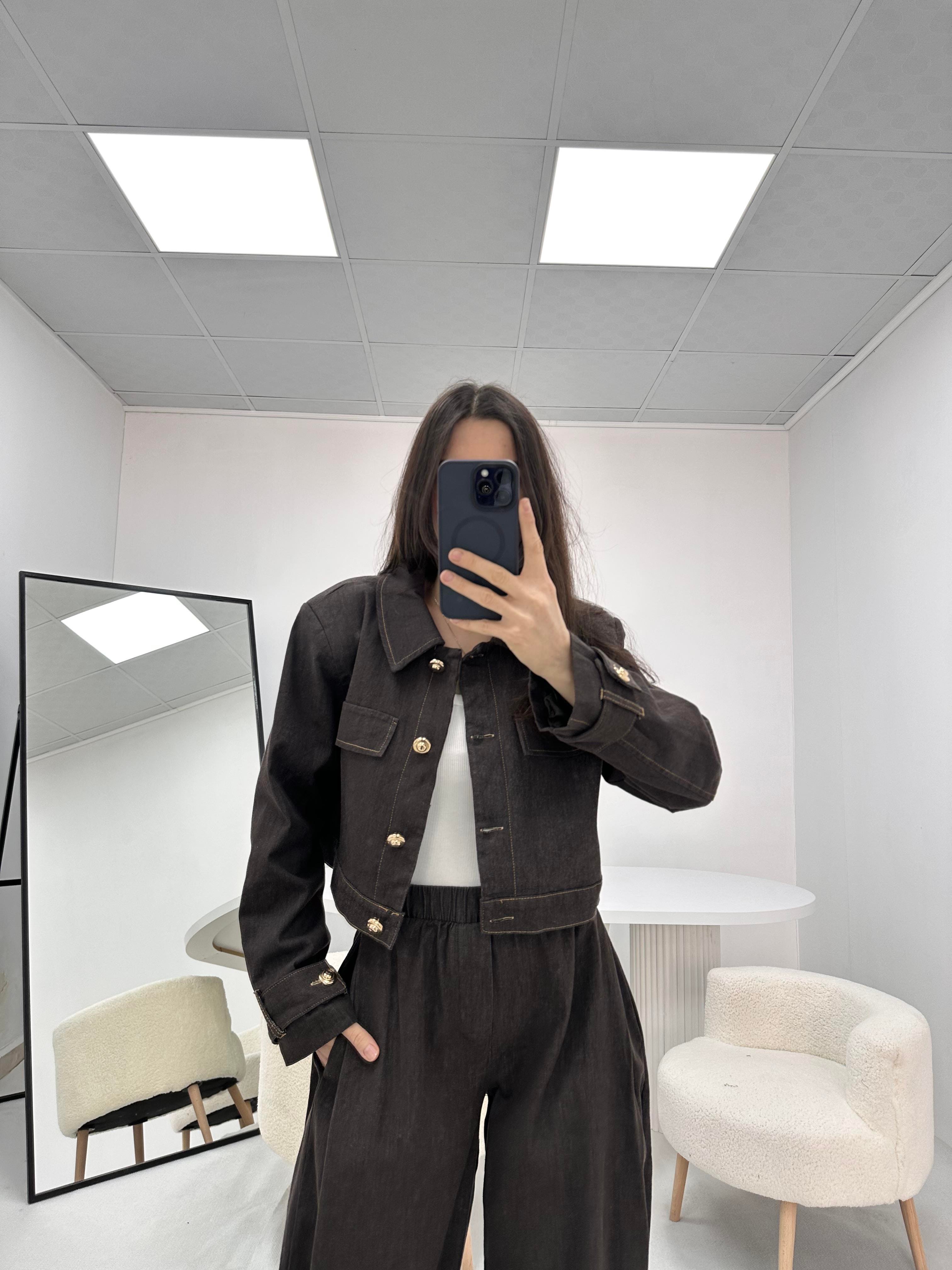 Düğme Detaylı Kahverengi  Kot Denim Ceket Pantolon Takım  