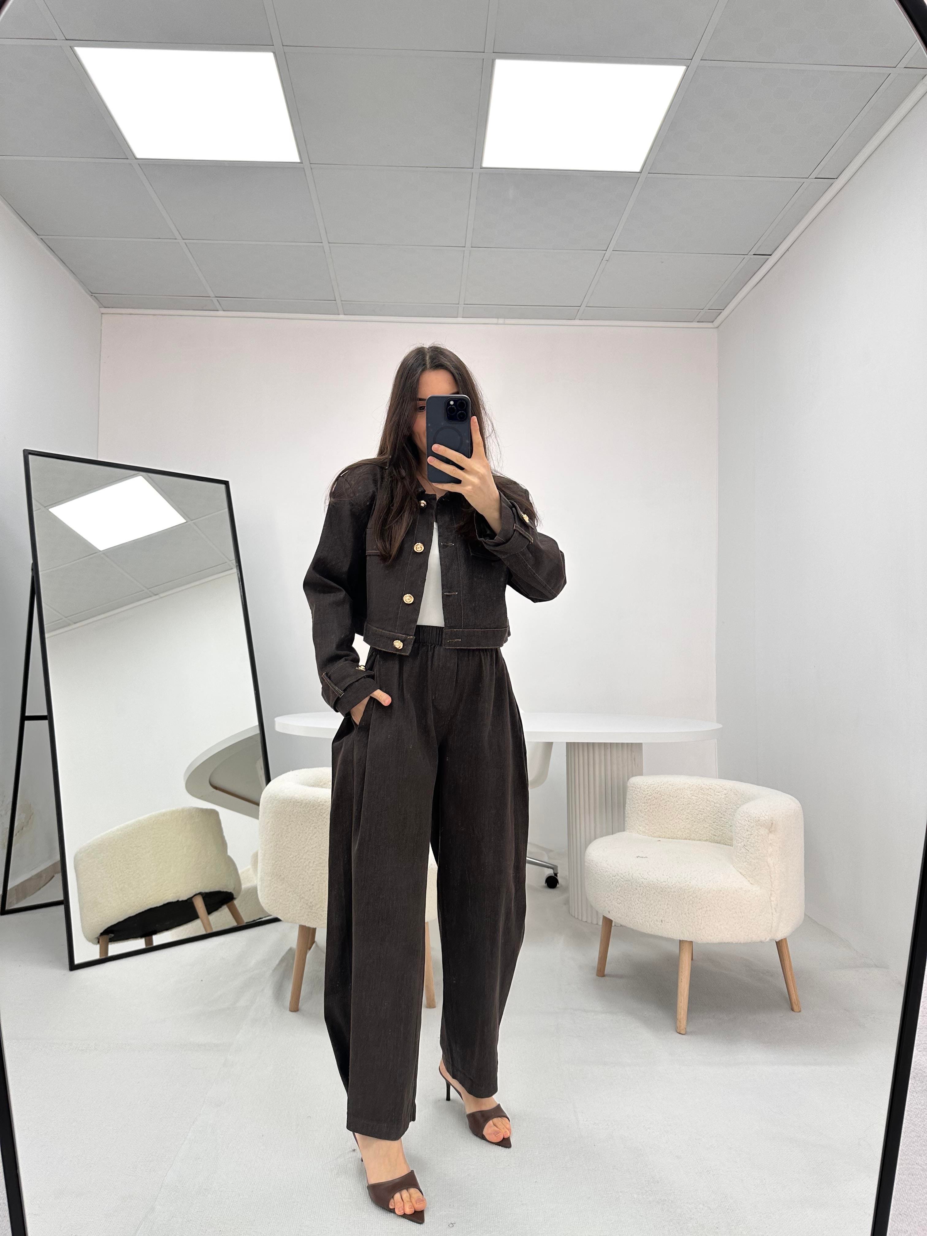 Düğme Detaylı Kahverengi  Kot Denim Ceket Pantolon Takım  