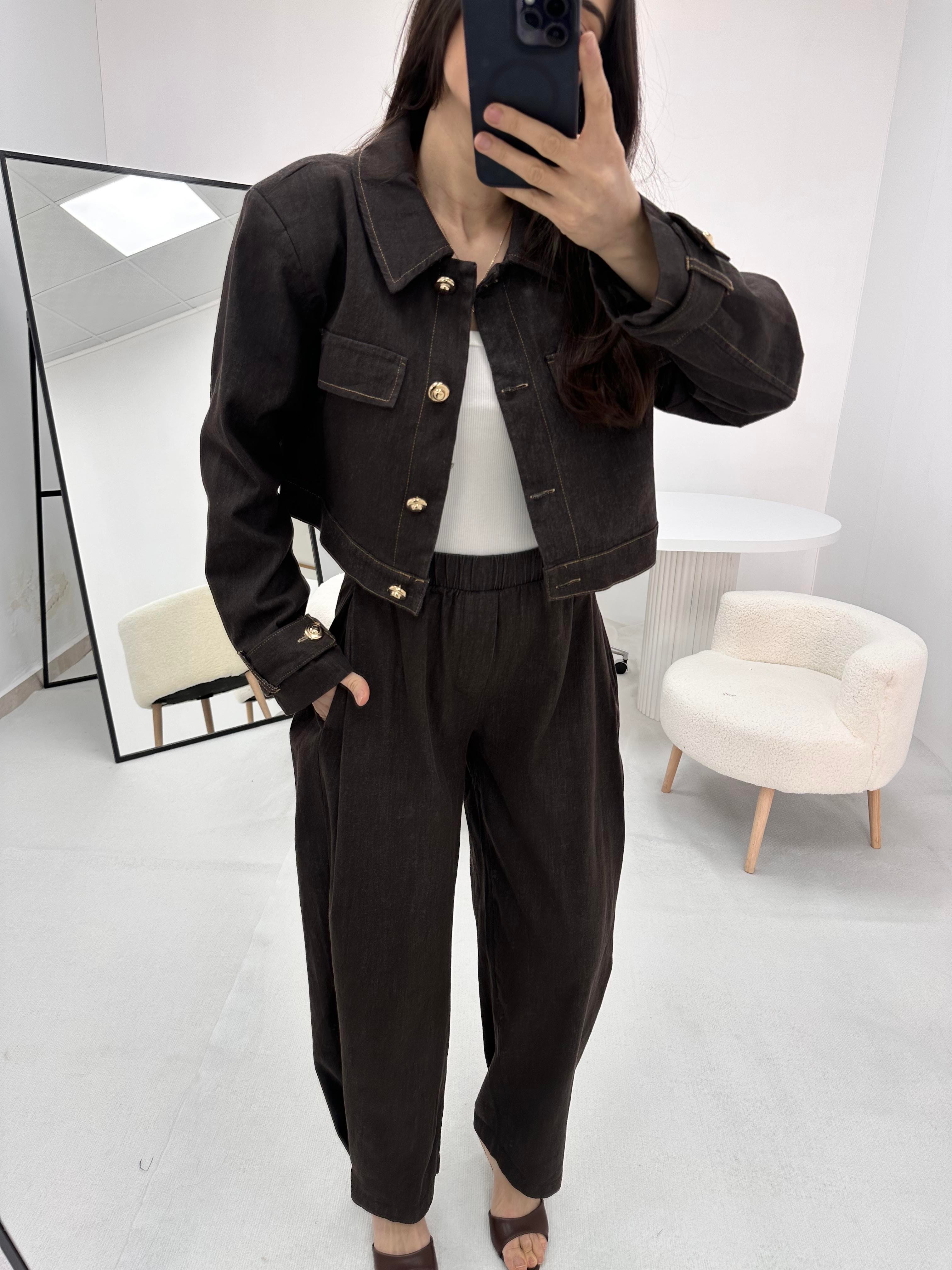 Düğme Detaylı Kahverengi  Kot Denim Ceket Pantolon Takım  