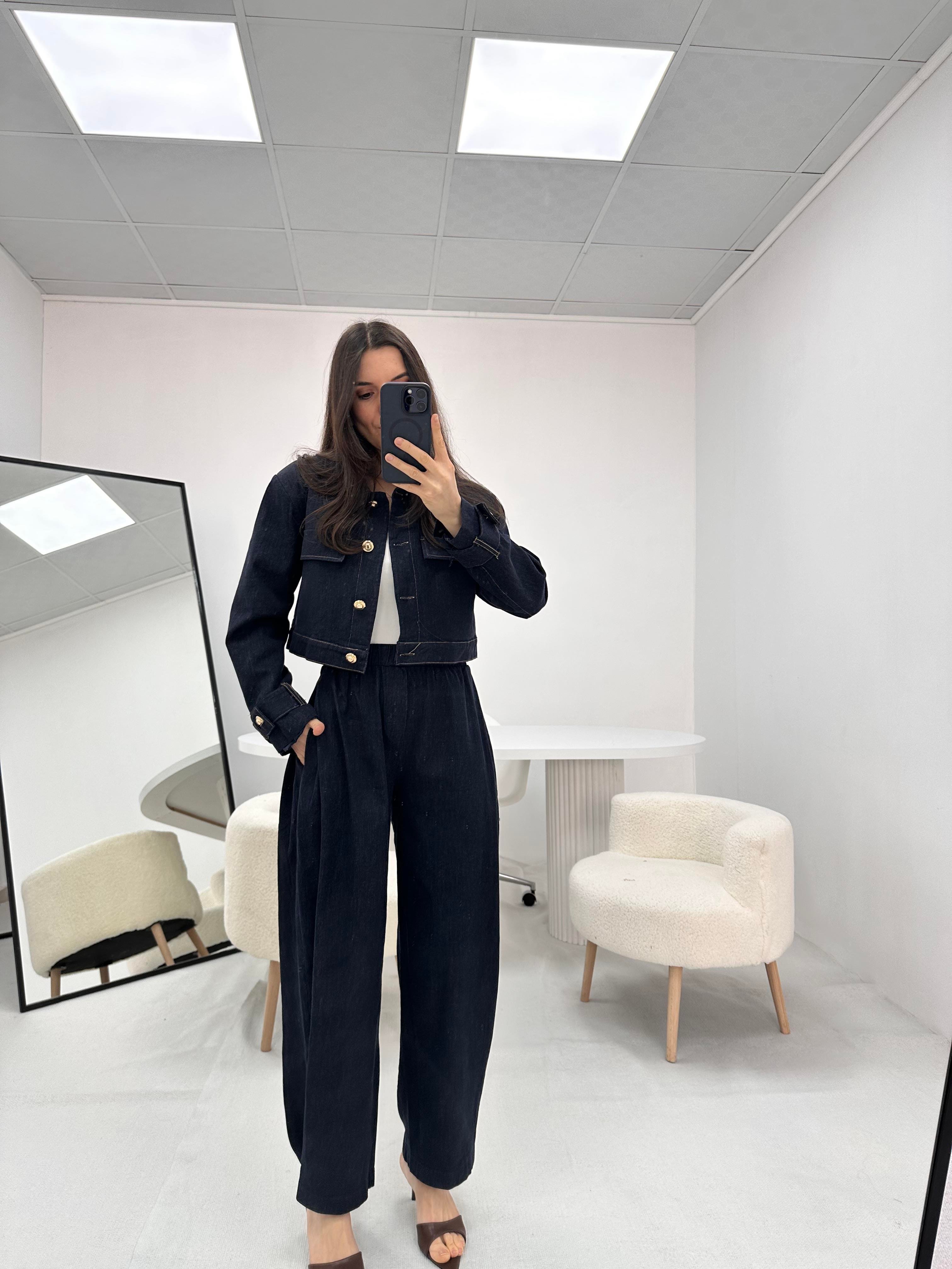 Düğme Detaylı Lacivert Kot Denim Ceket Pantolon Takım  
