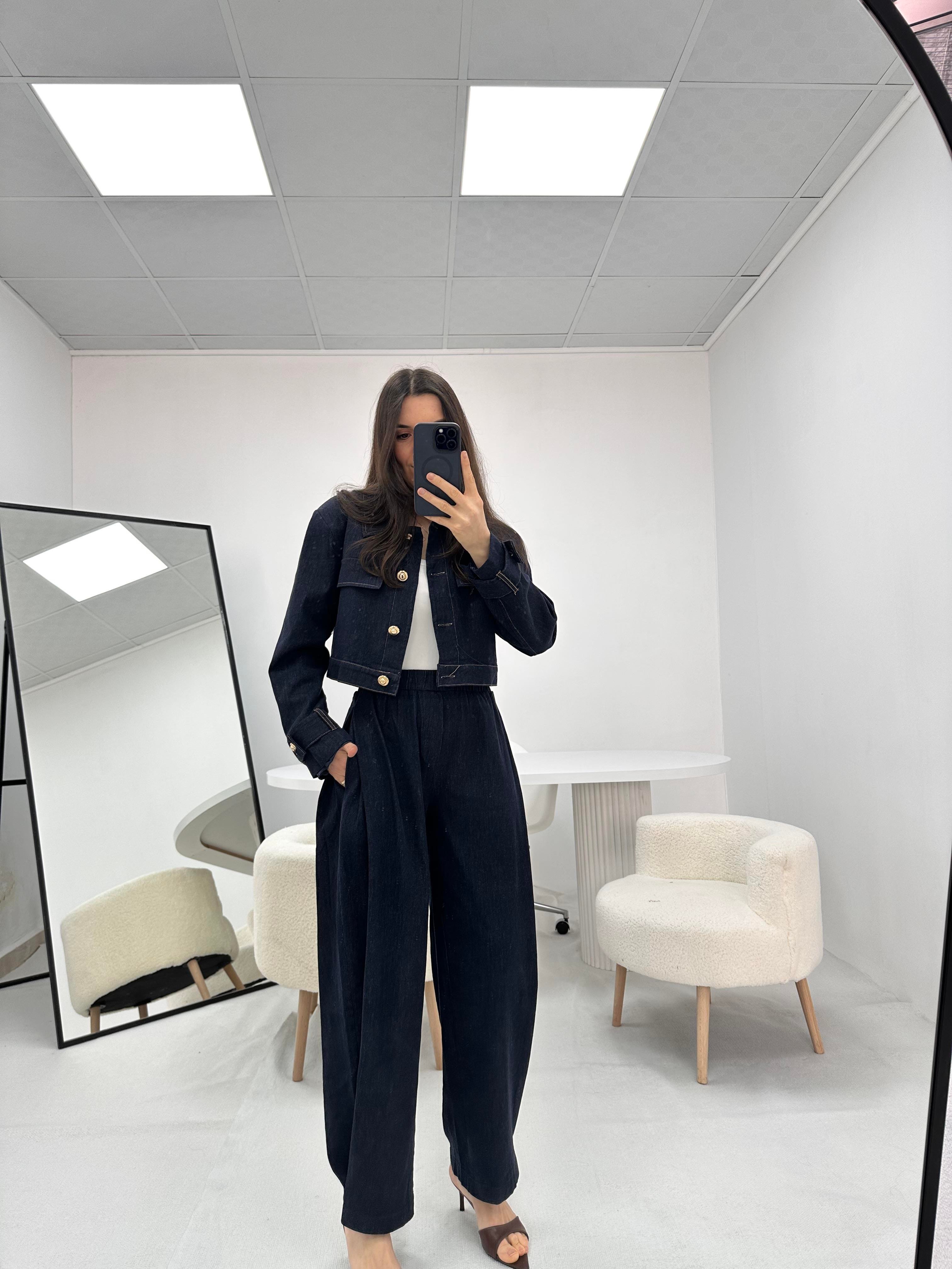 Düğme Detaylı Lacivert Kot Denim Ceket Pantolon Takım  