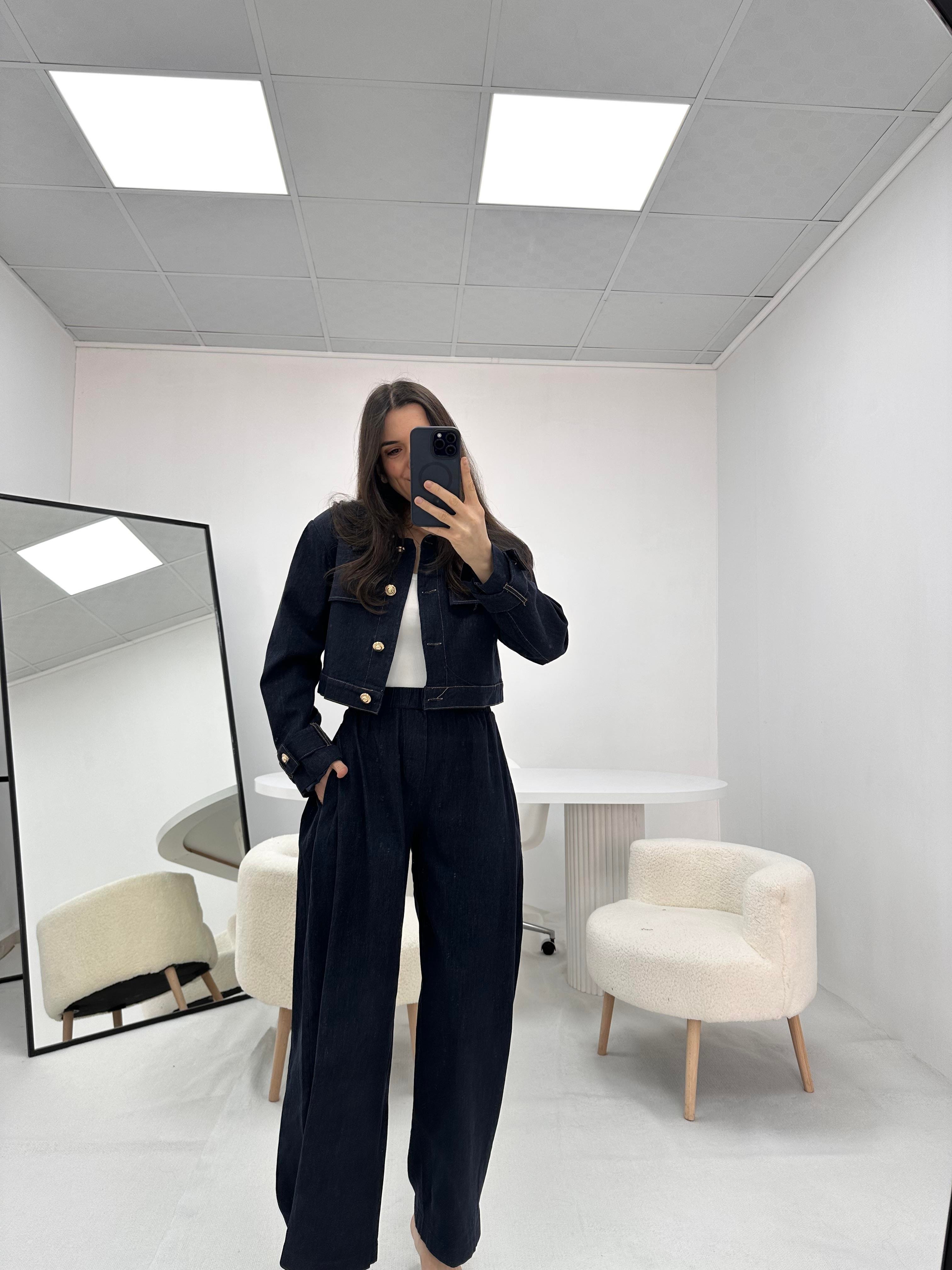 Düğme Detaylı Lacivert Kot Denim Ceket Pantolon Takım  