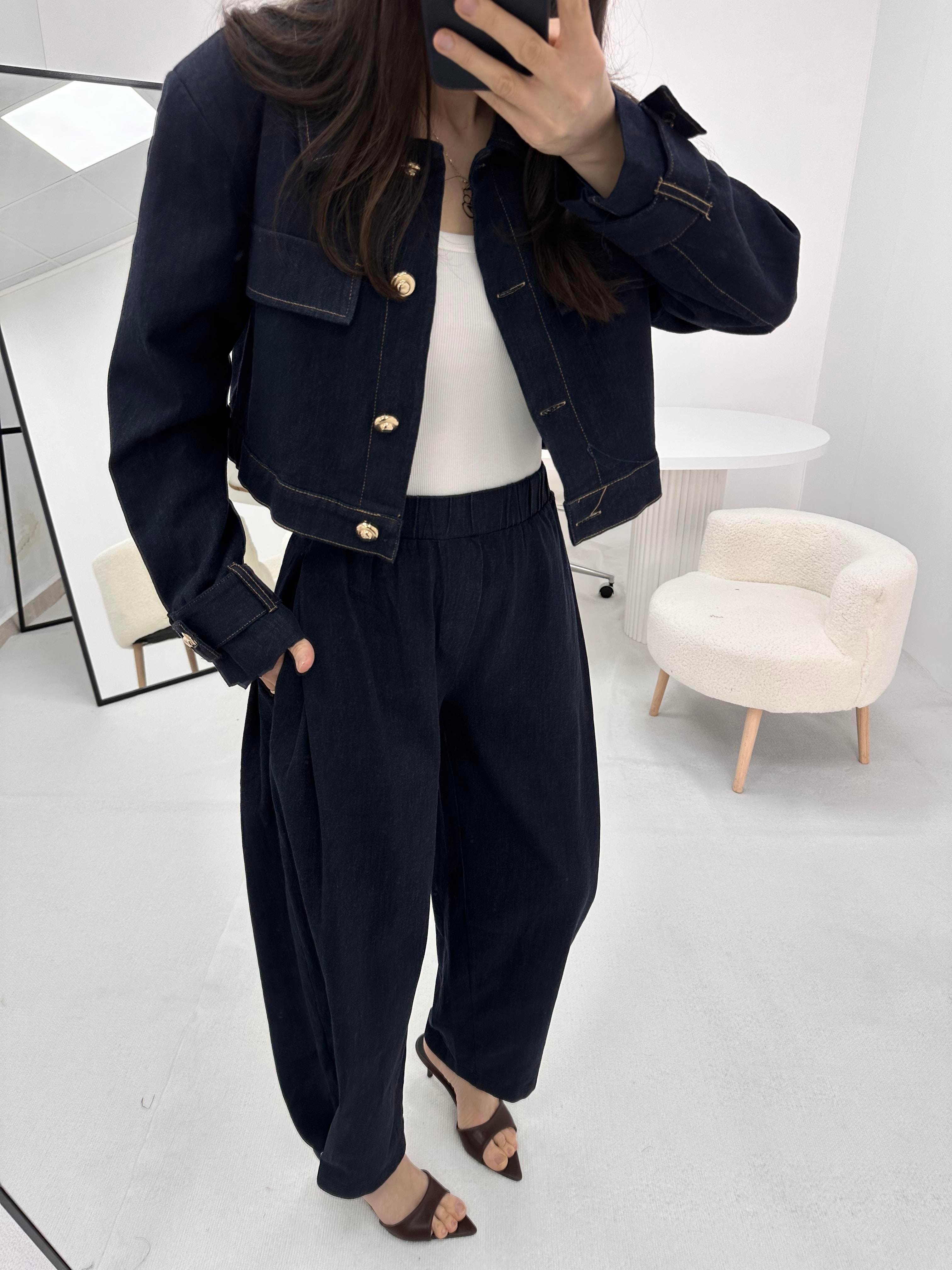 Düğme Detaylı Lacivert Kot Denim Ceket Pantolon Takım  