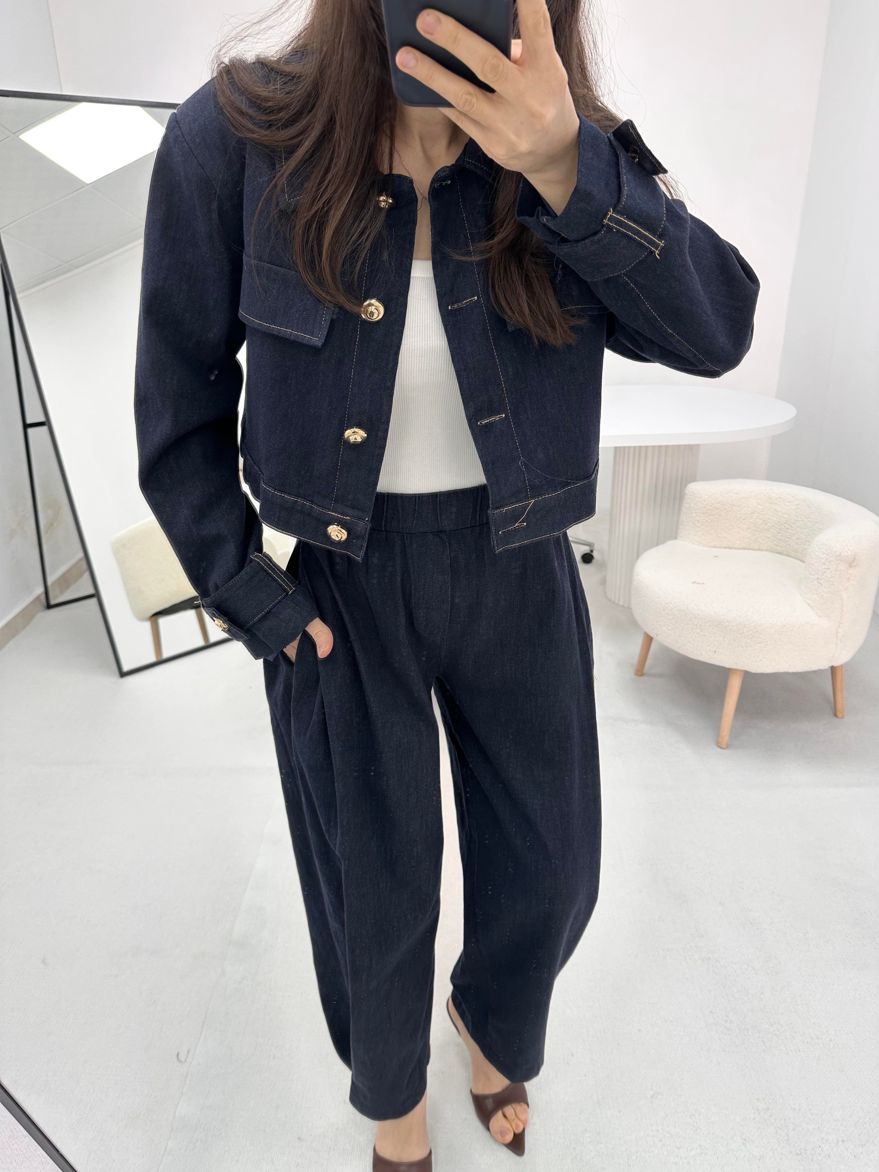 Düğme Detaylı Lacivert Kot Denim Ceket Pantolon Takım  