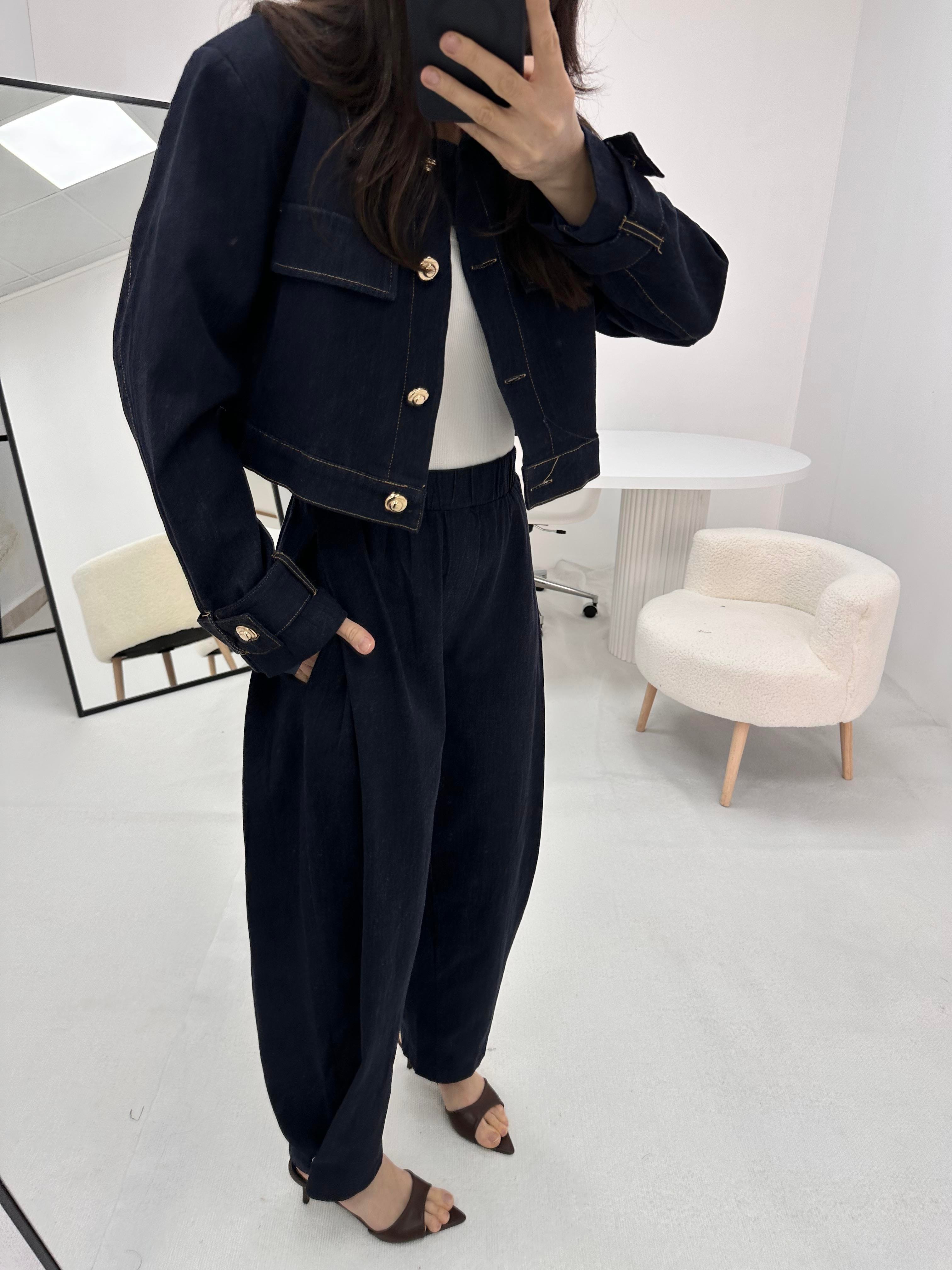 Düğme Detaylı Lacivert Kot Denim Ceket Pantolon Takım  