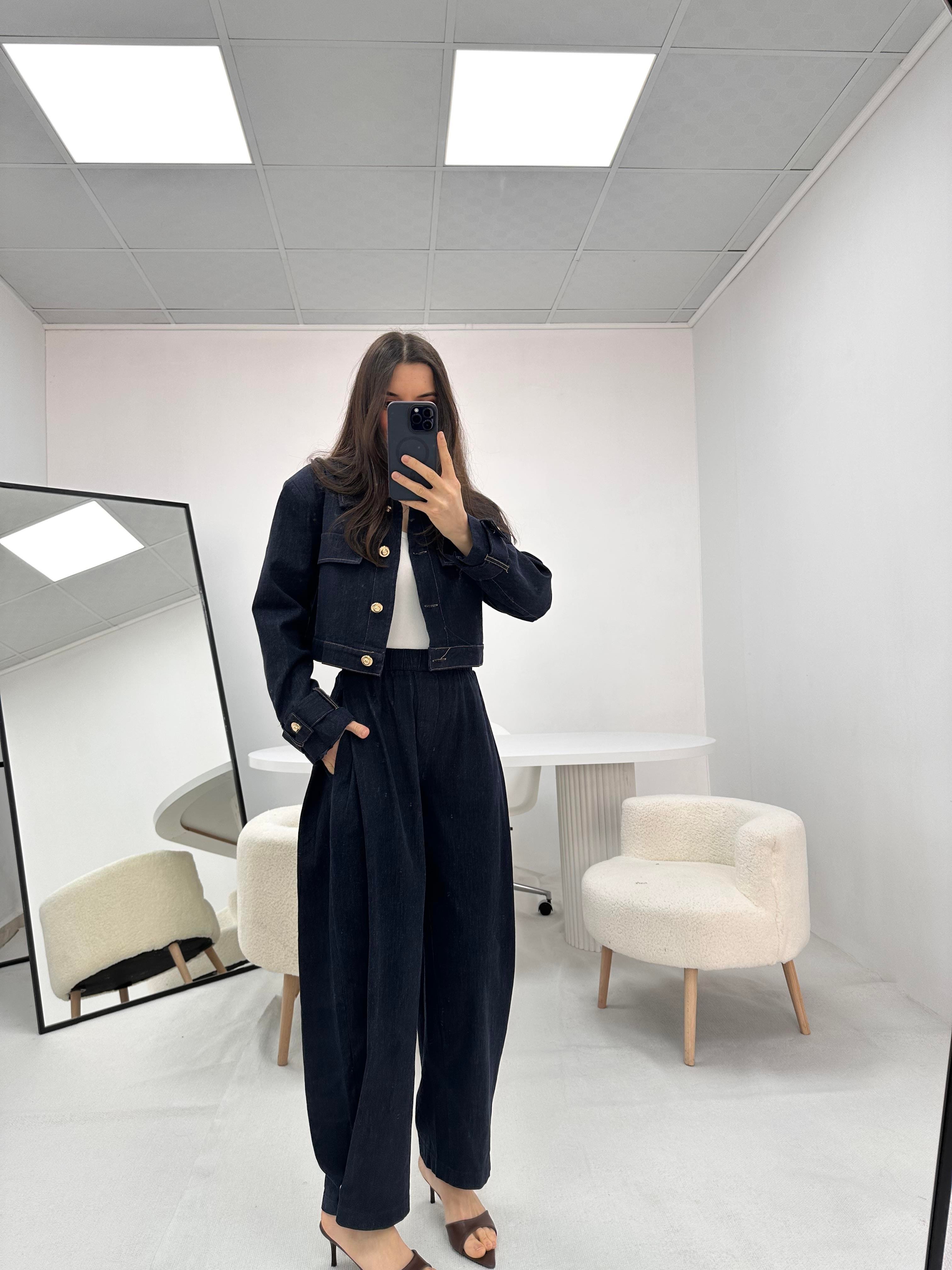Düğme Detaylı Lacivert Kot Denim Ceket Pantolon Takım  