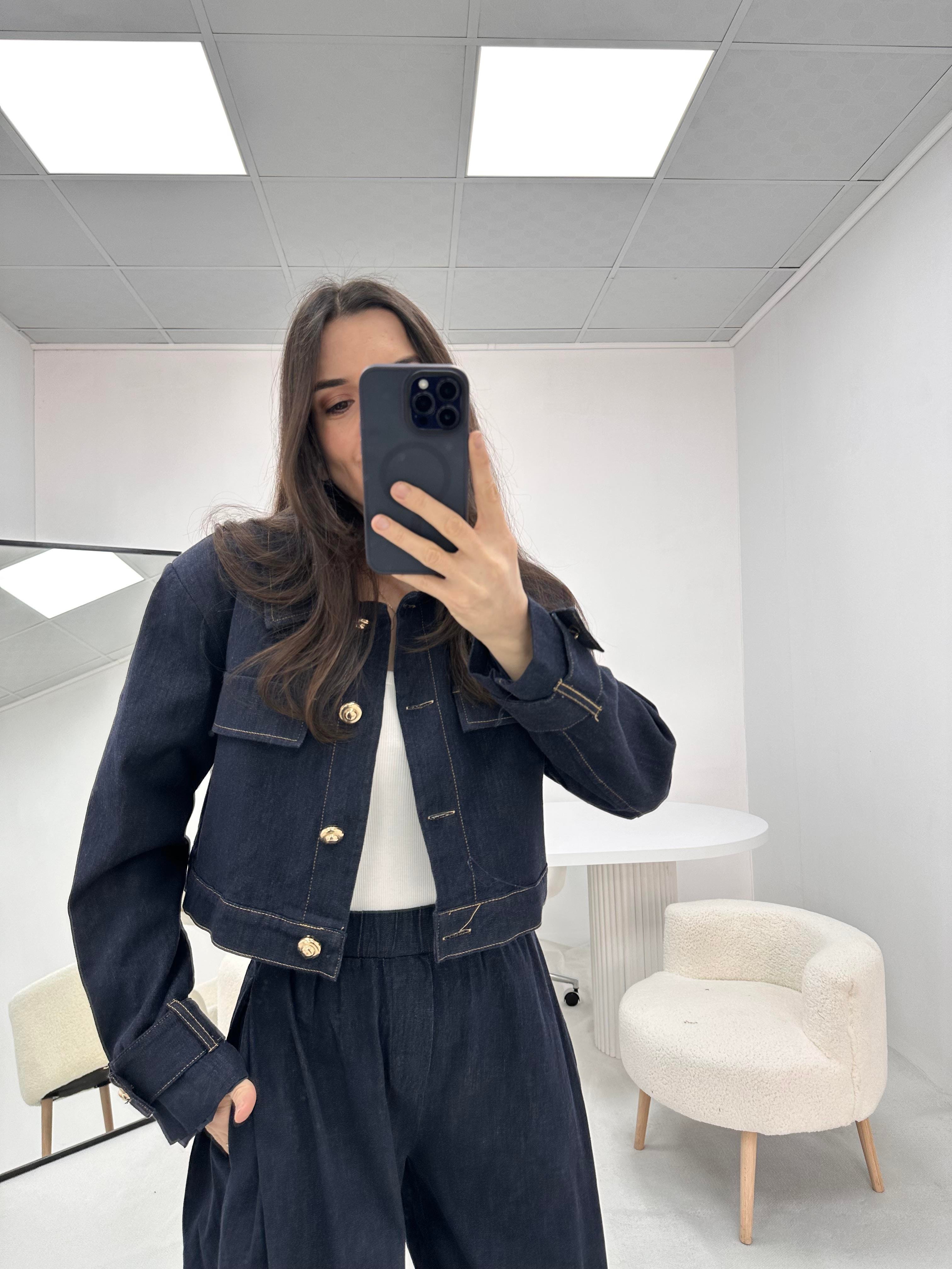 Düğme Detaylı Lacivert Kot Denim Ceket Pantolon Takım  