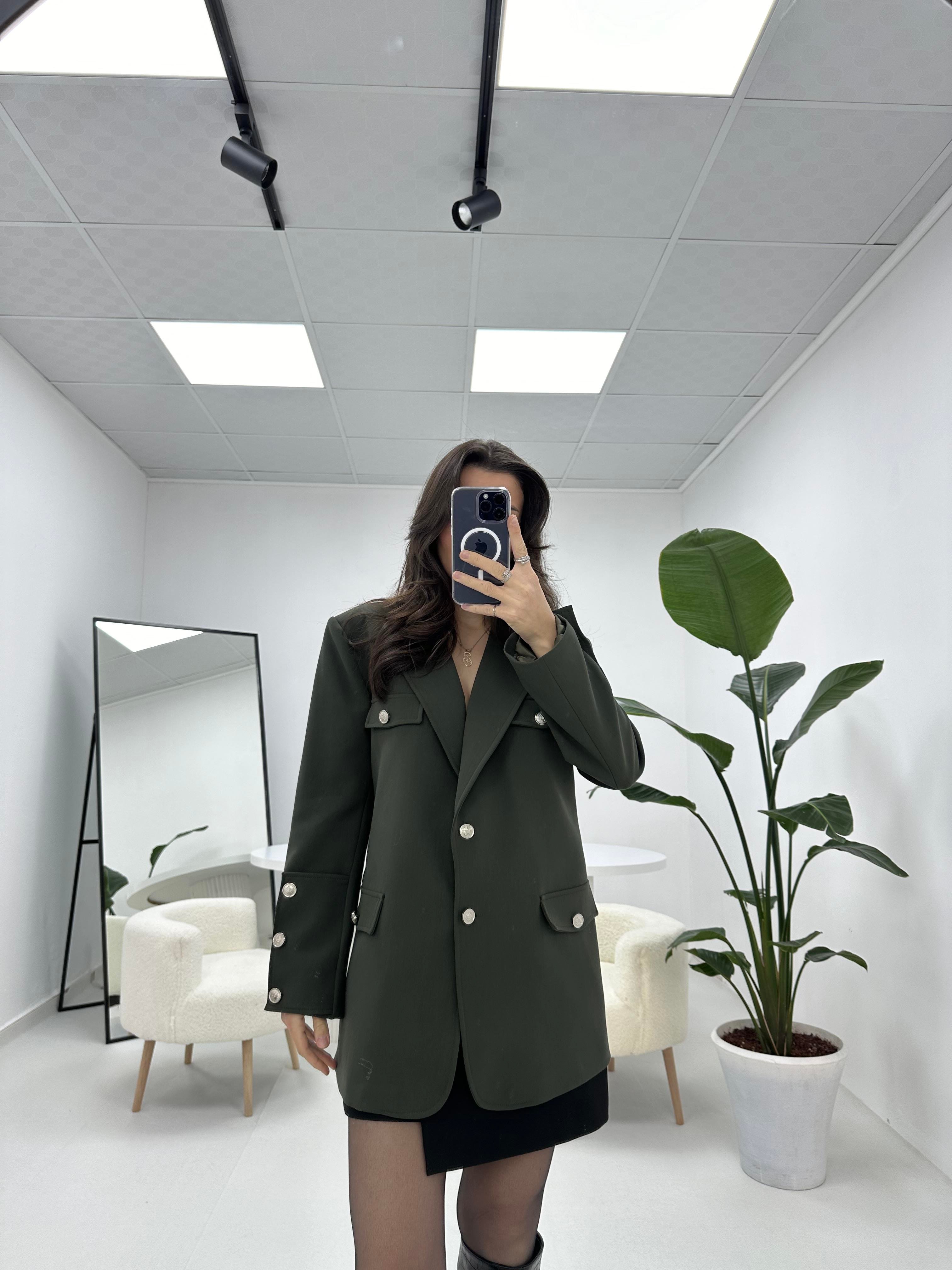 Düğme Detaylı Premium Haki Ceket 