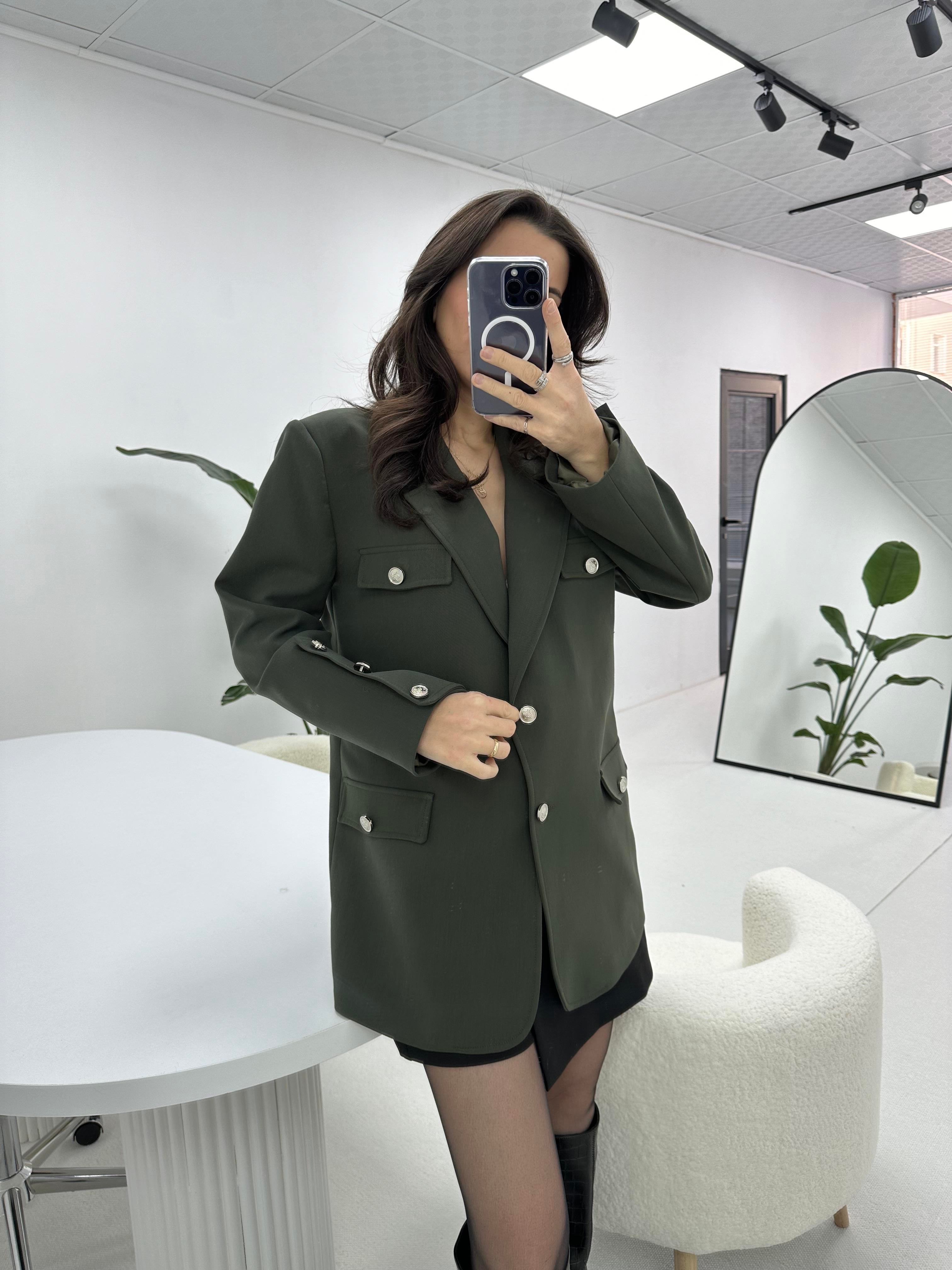 Düğme Detaylı Premium Haki Ceket 