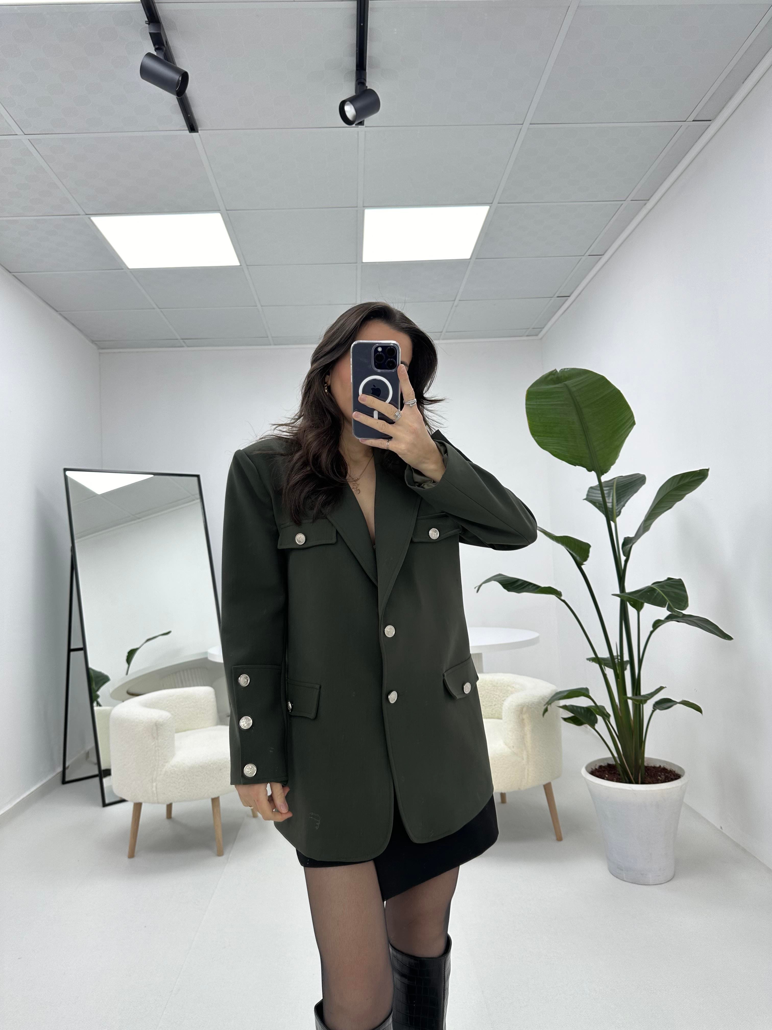 Düğme Detaylı Premium Haki Ceket 