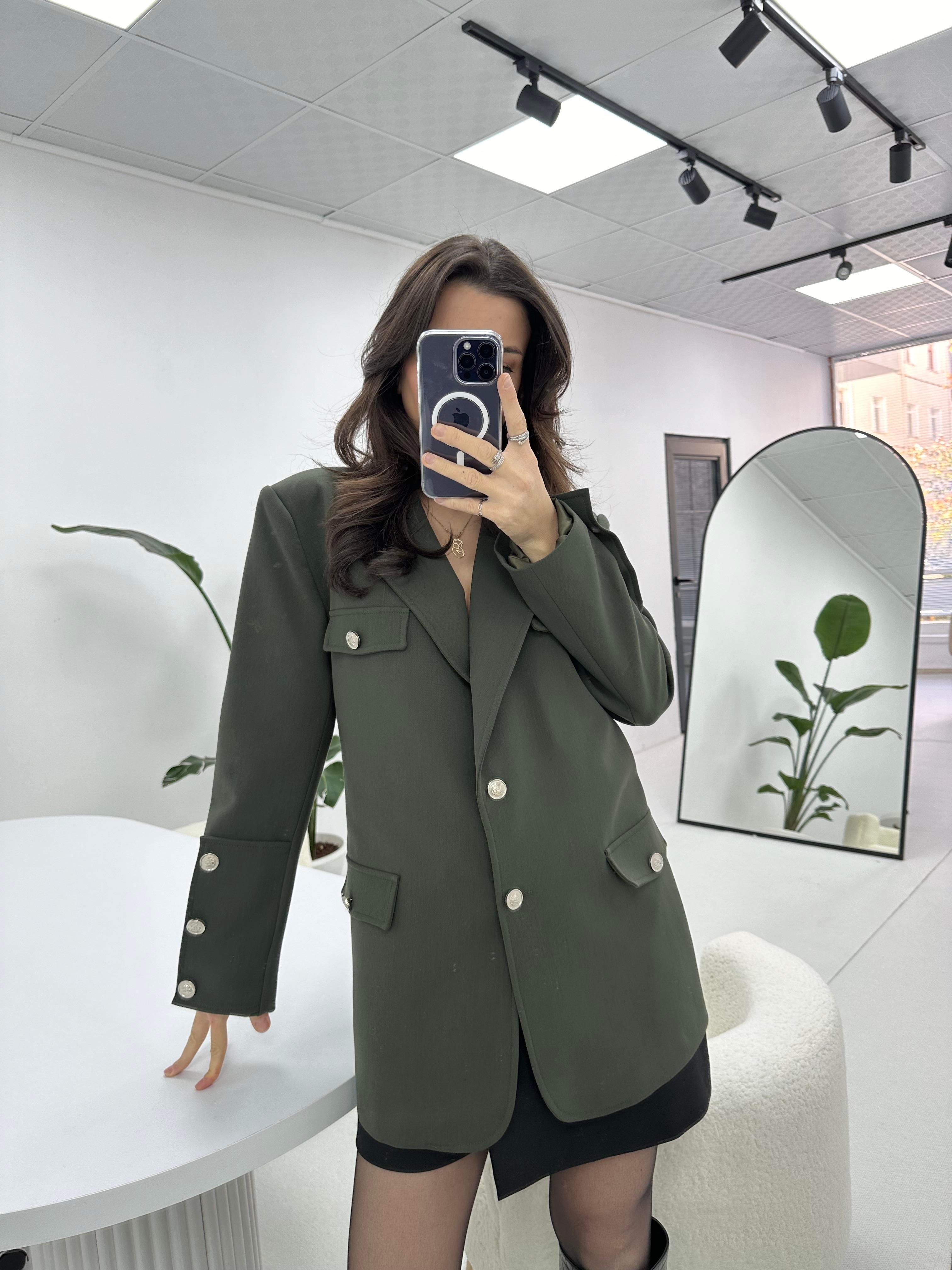 Düğme Detaylı Premium Haki Ceket 