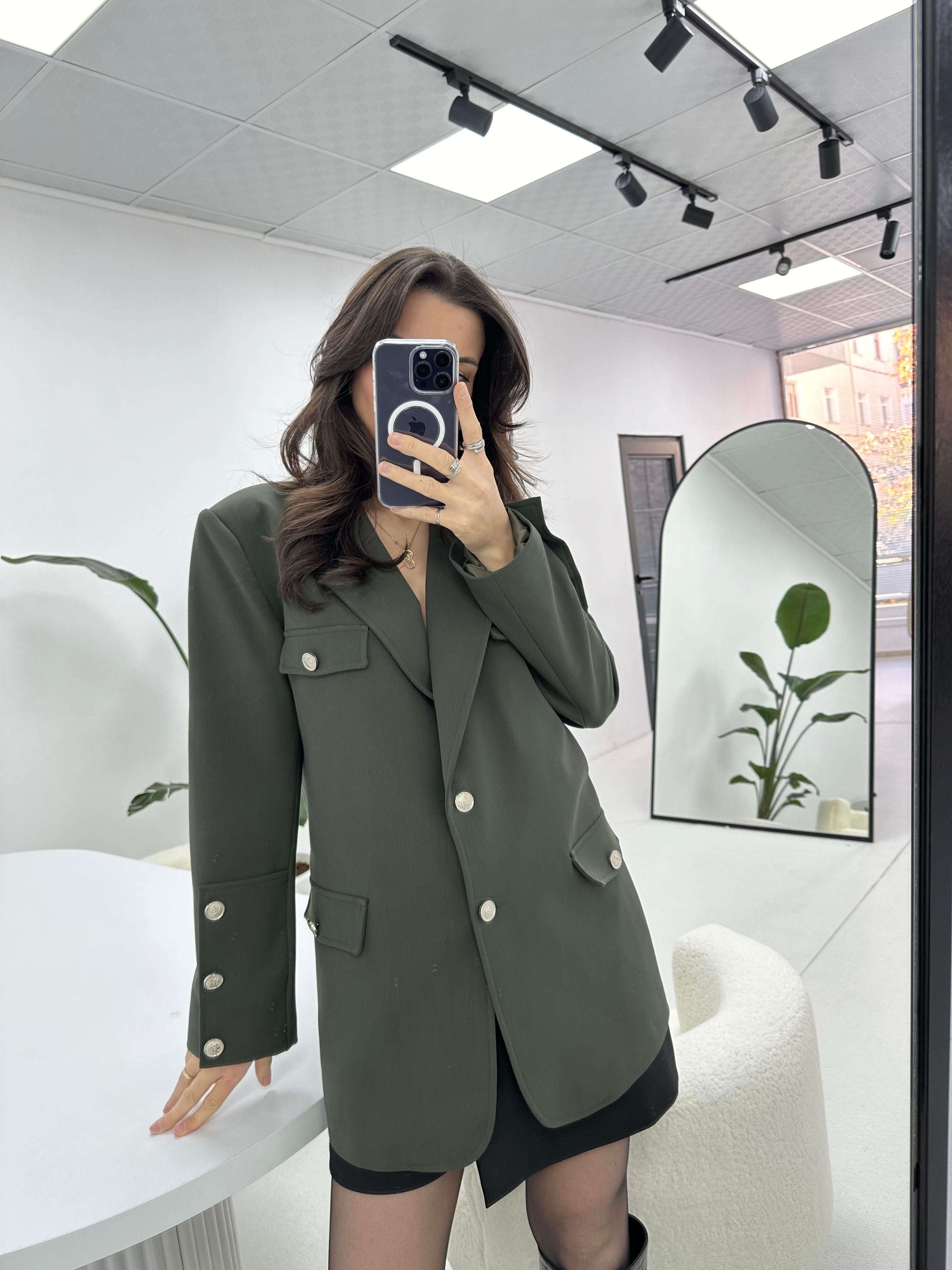 Düğme Detaylı Premium Haki Ceket 