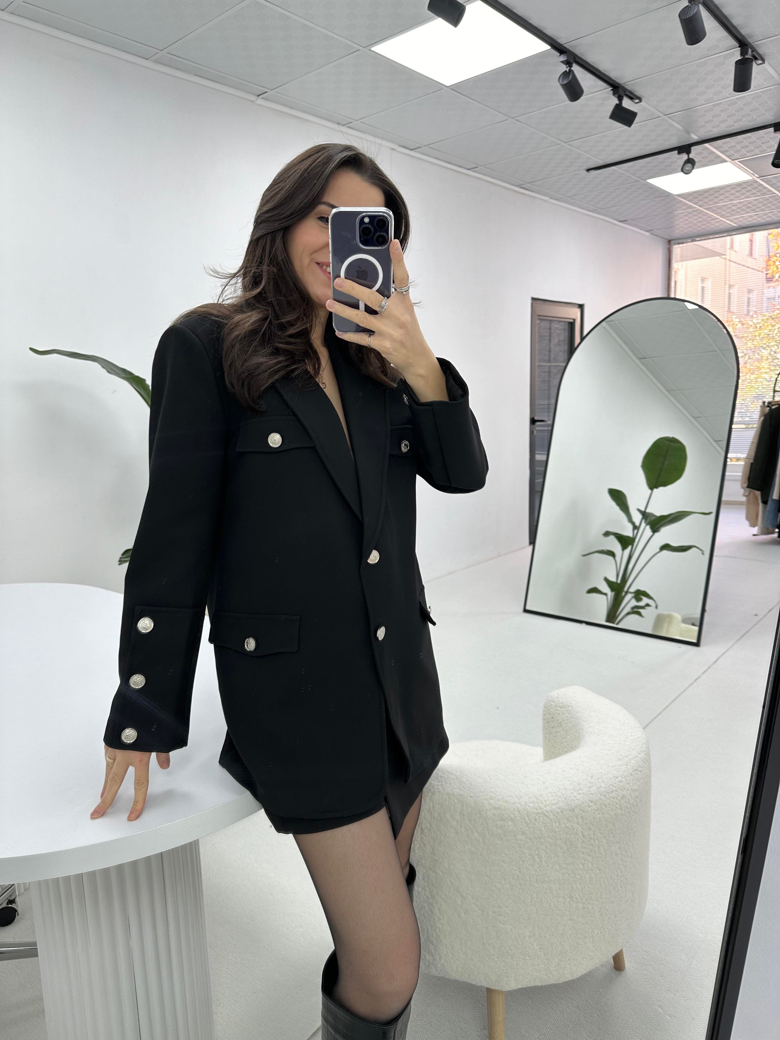 Düğme Detaylı Premium Siyah  Ceket 
