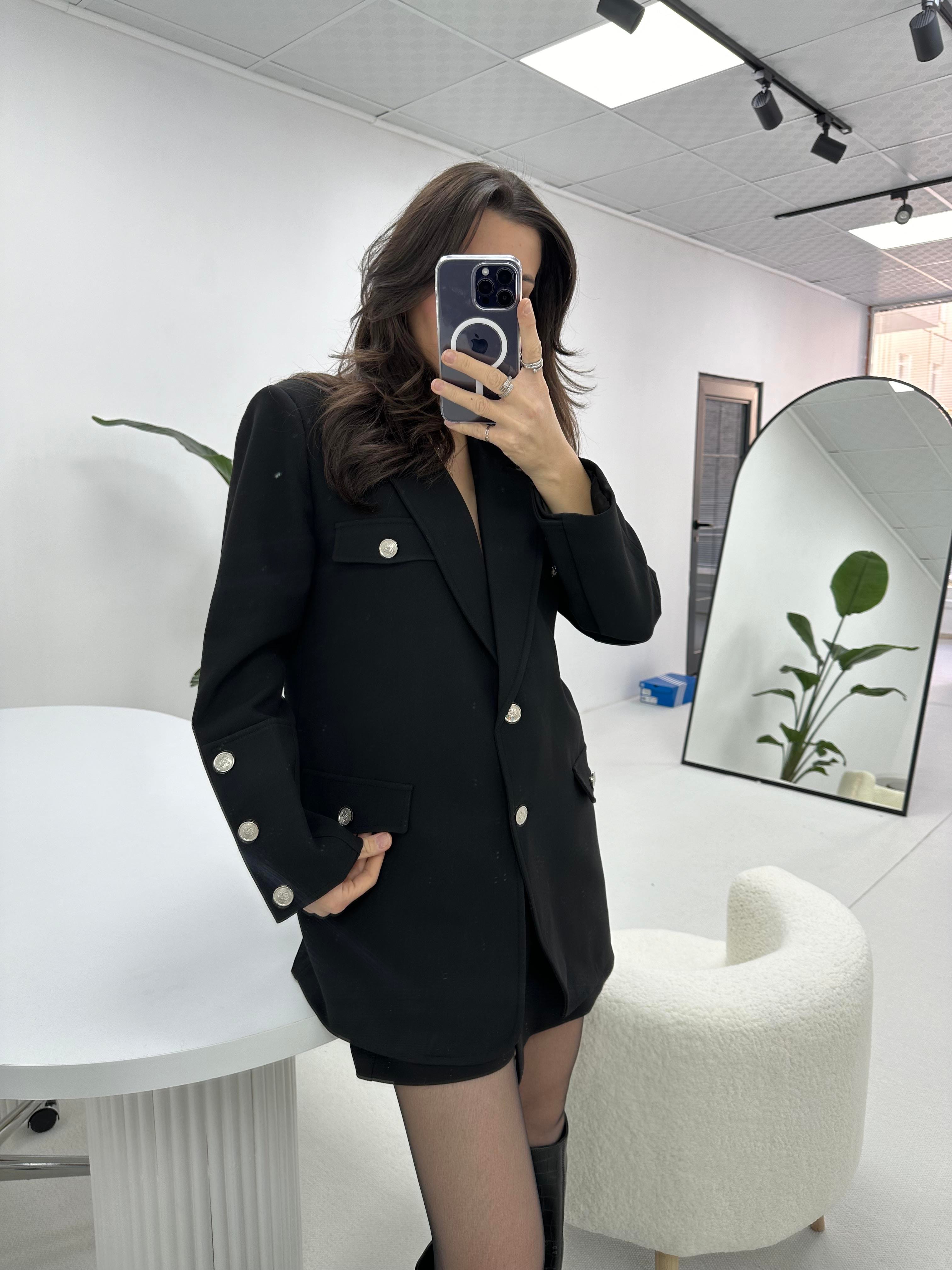 Düğme Detaylı Premium Siyah  Ceket 