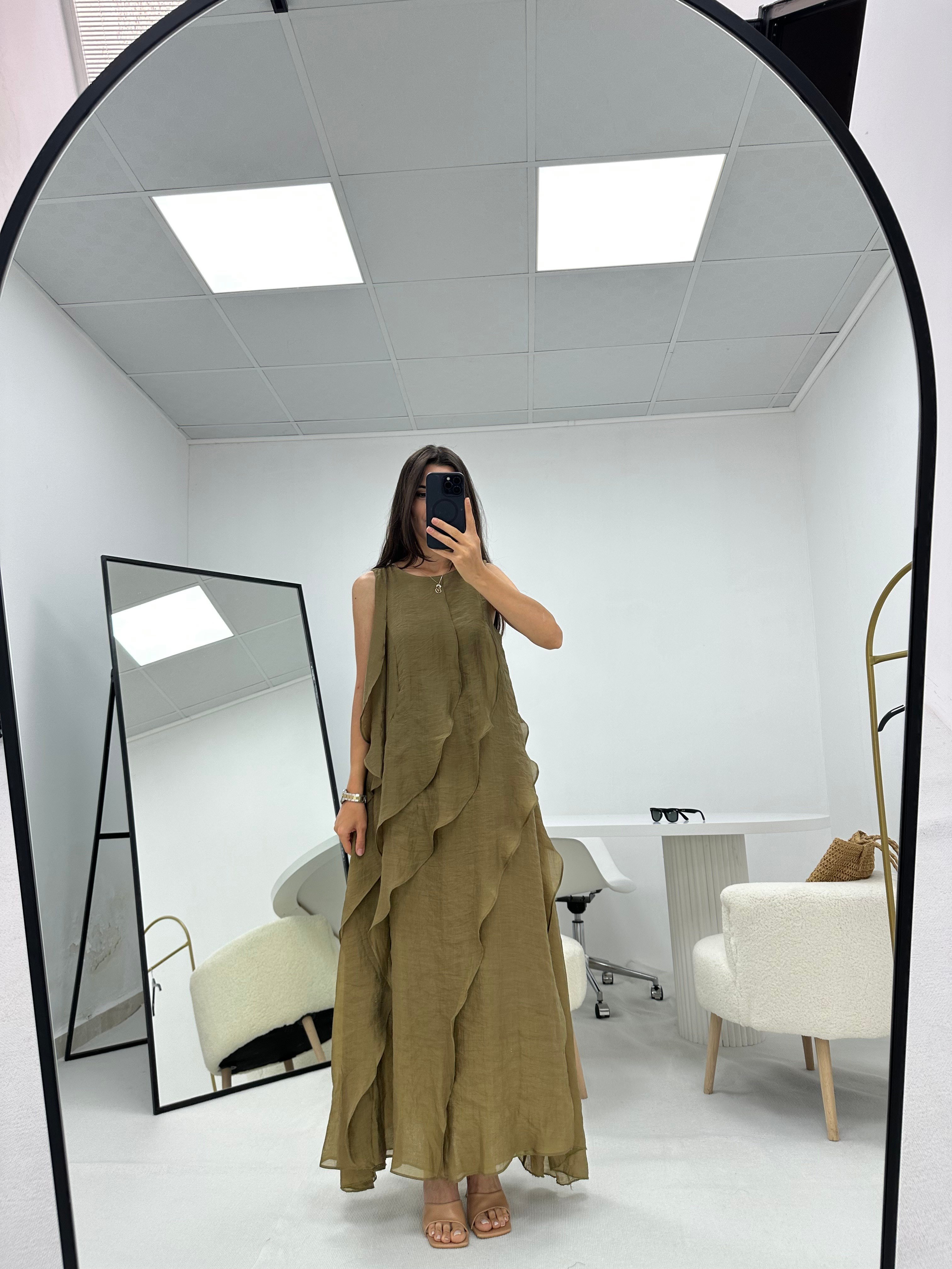 Fırfır Detaylı Olive Astarlı  Tül Elbise 