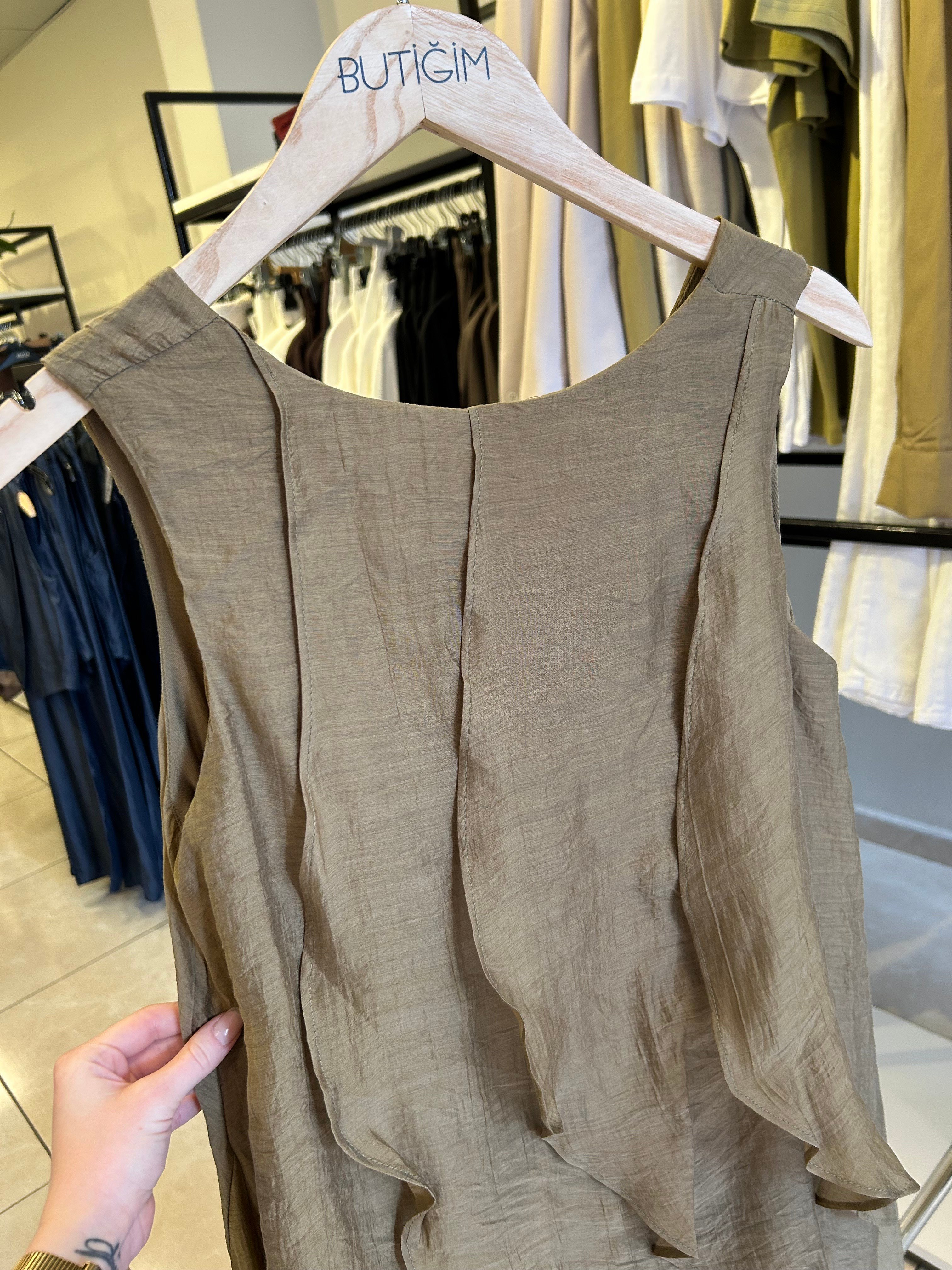 Fırfır Detaylı Olive Astarlı  Tül Elbise 