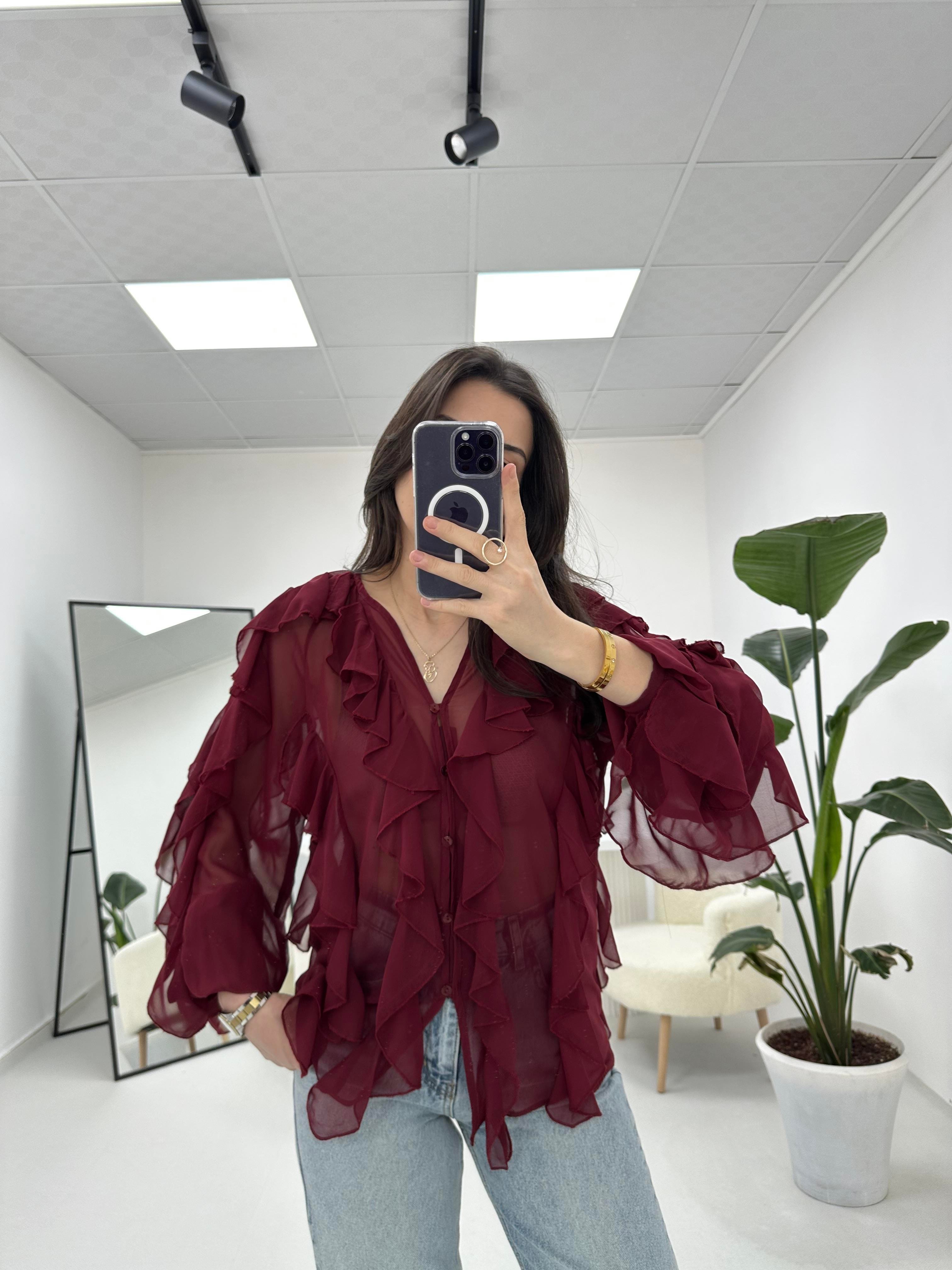 Fırfırlı Bordo Transparan Gömlek 