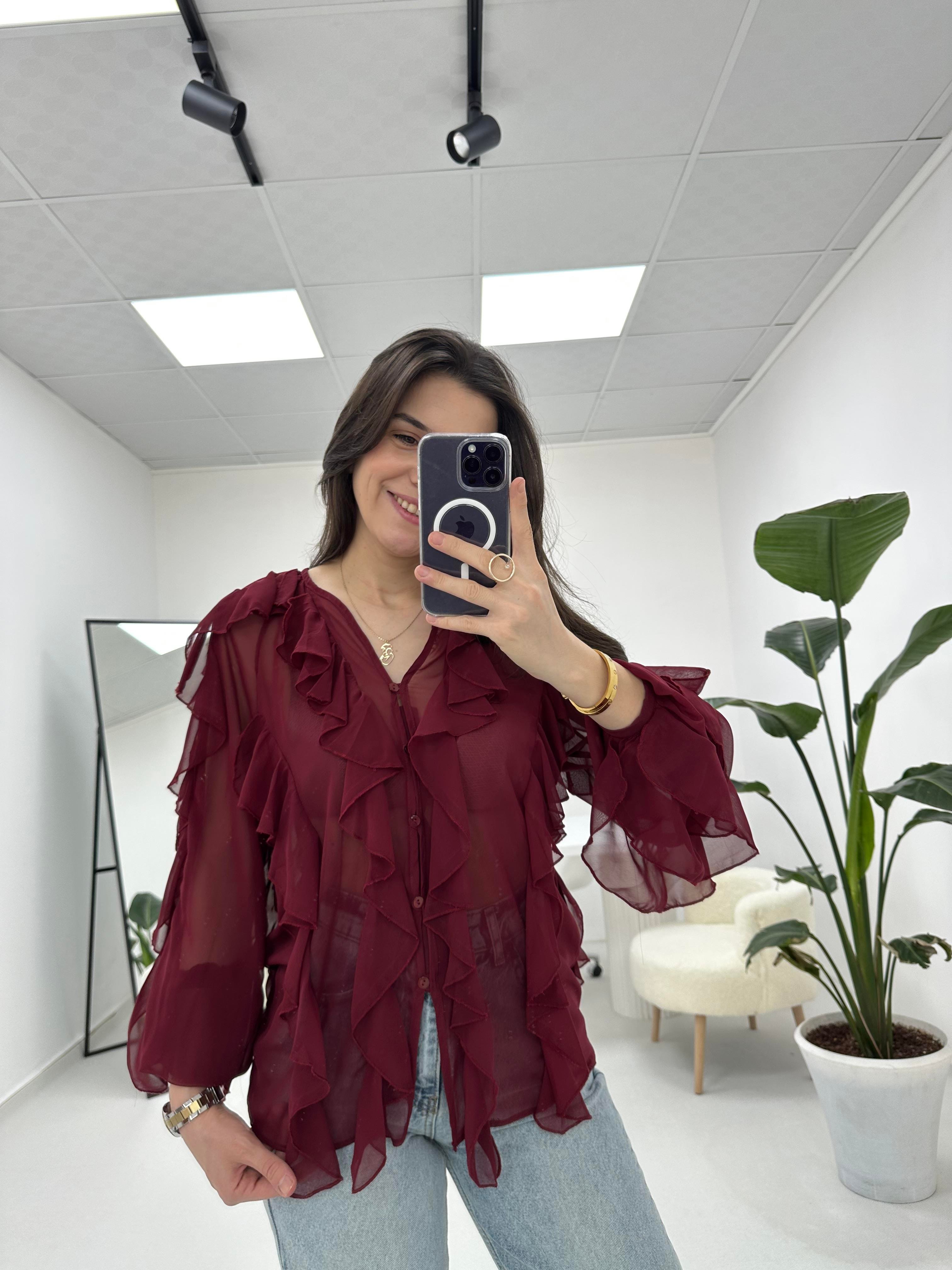 Fırfırlı Bordo Transparan Gömlek 