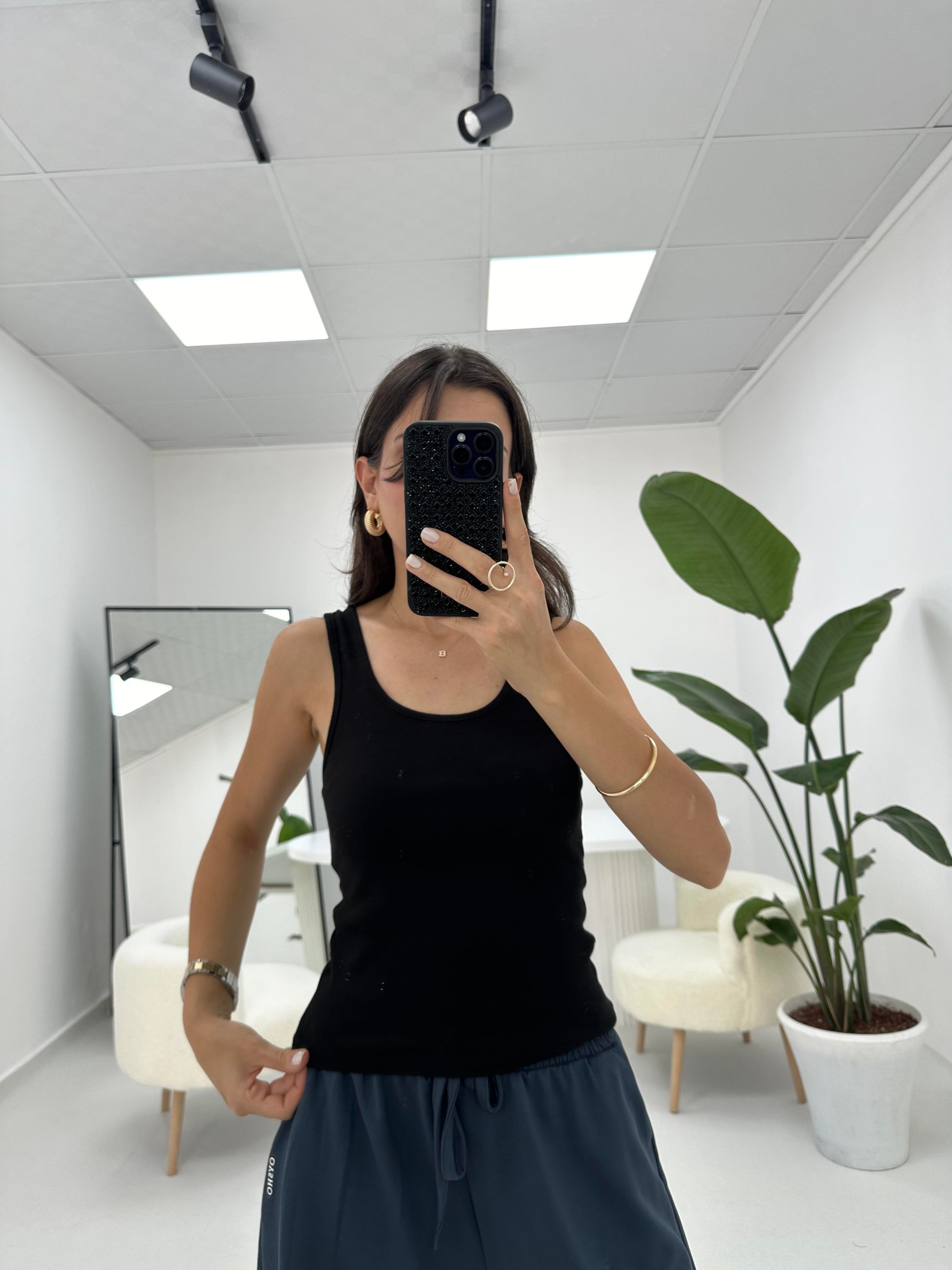 Fitilli Likralı Siyah Atlet 
