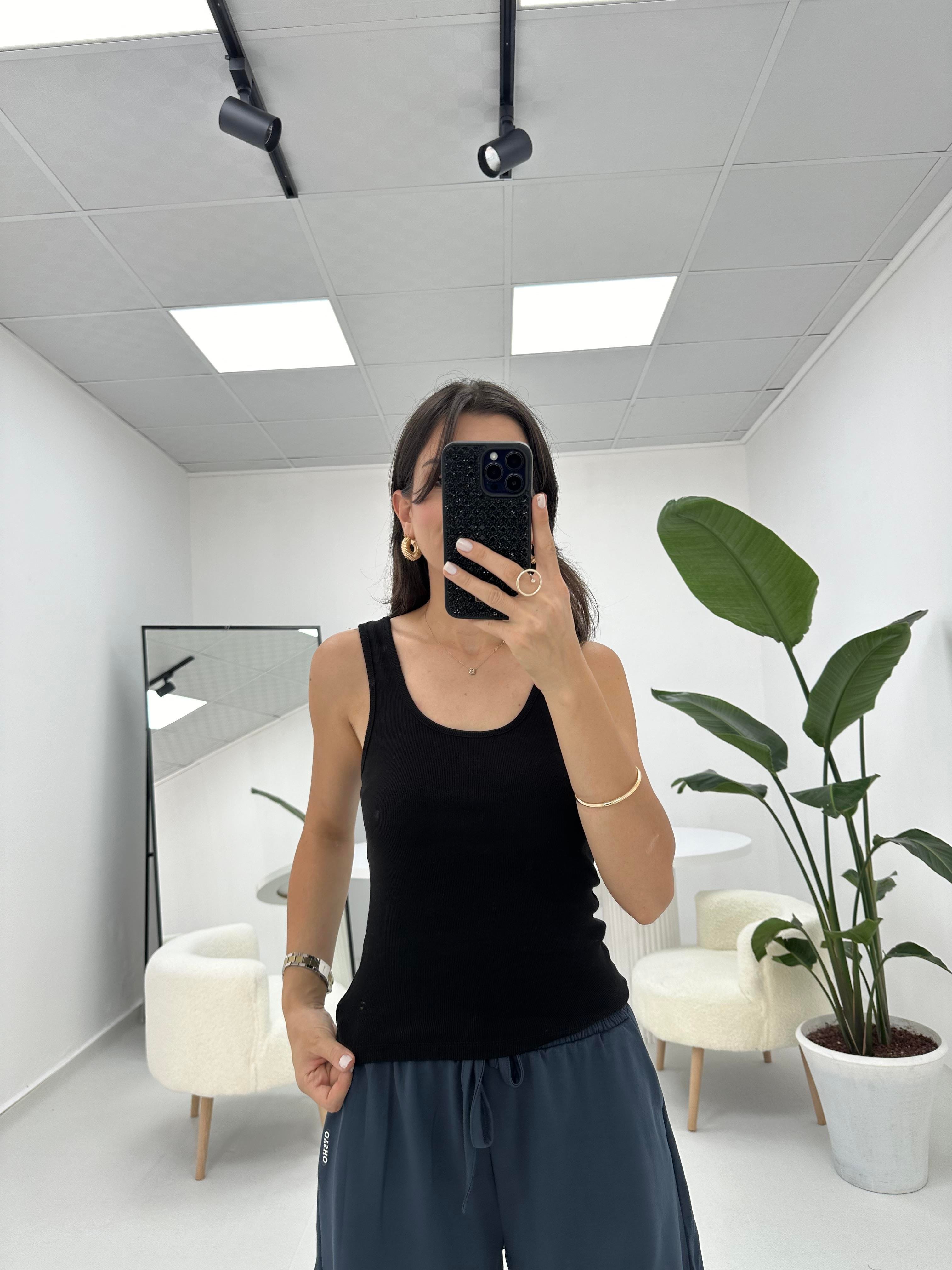 Fitilli Likralı Siyah Atlet 